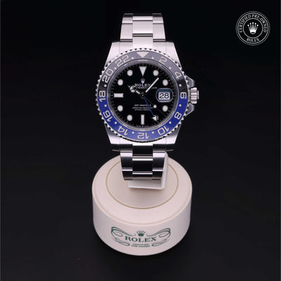 Rolex Certified Pre-owned GMT M126710BLNR-0003 front on black background