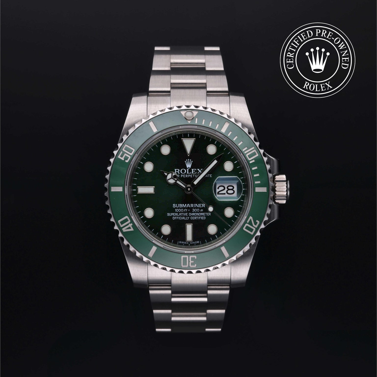 Rolex Certified Pre-owned Submariner M116610LV-0002 front on black background