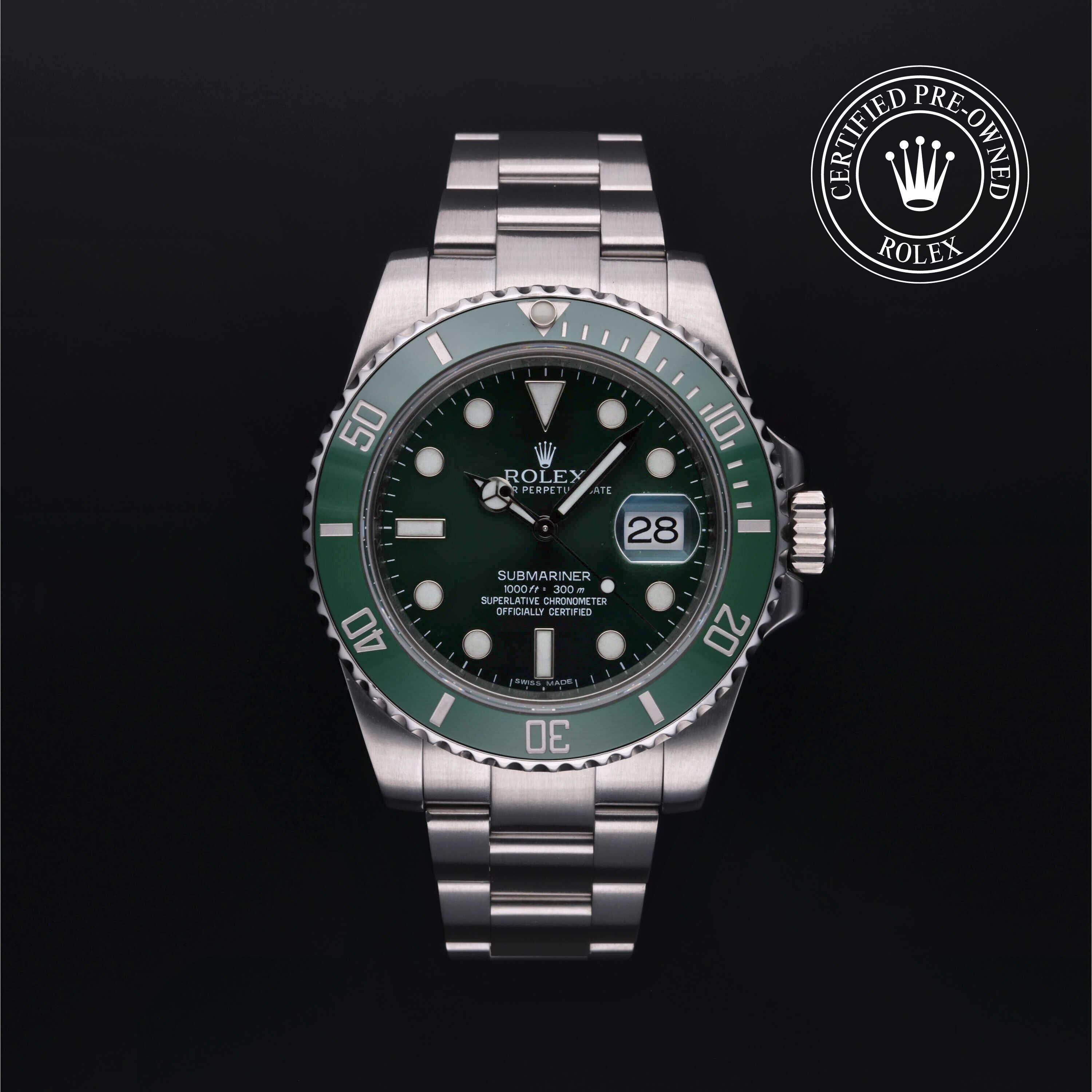 Rolex Certified Pre-owned Submariner M116610LV-0002 front on black background