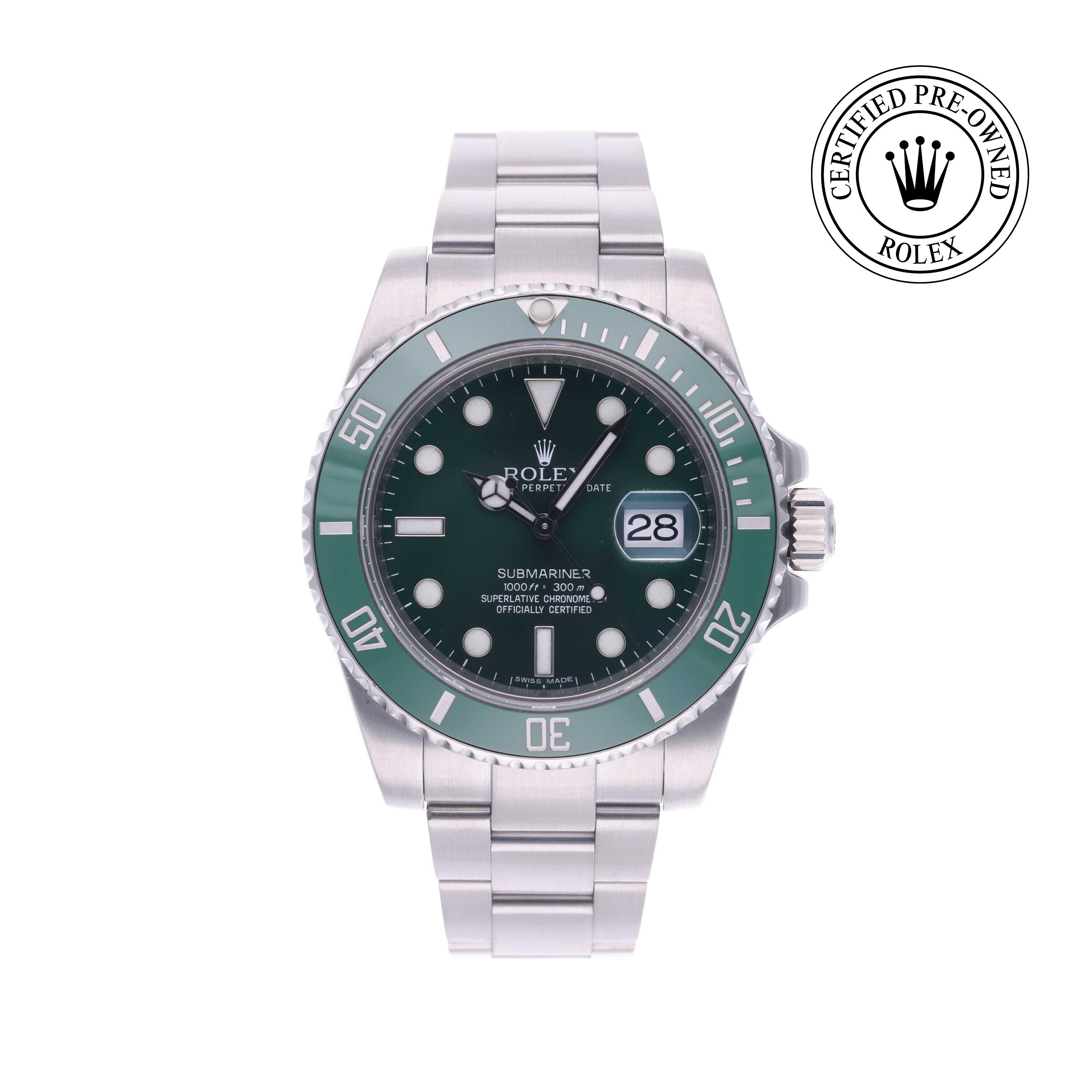 Rolex Certified Pre-owned Submariner M116610LV-0002 front on white background