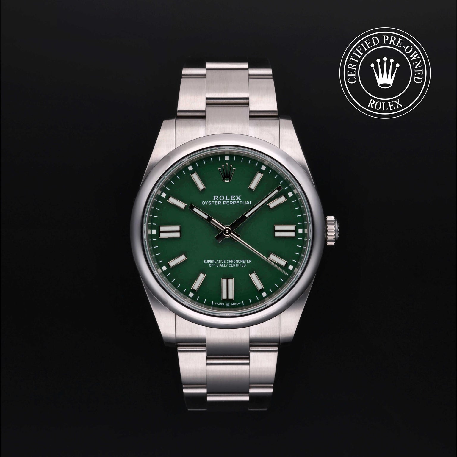 Rolex Certified Pre-owned Oyster Perpetual M124300-0005 front on black background