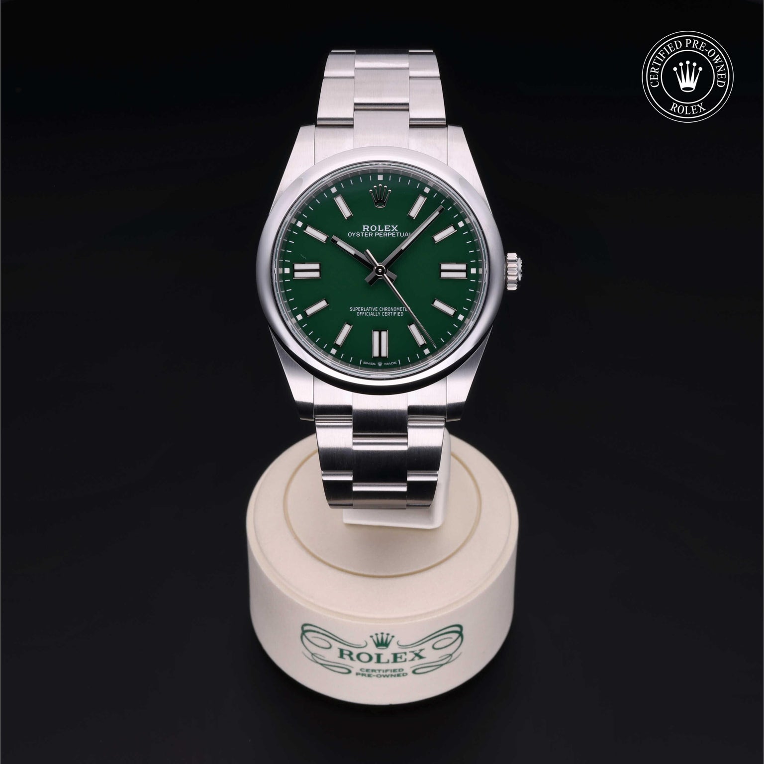 Rolex Certified Pre-owned Oyster Perpetual M124300-0005 front on black background
