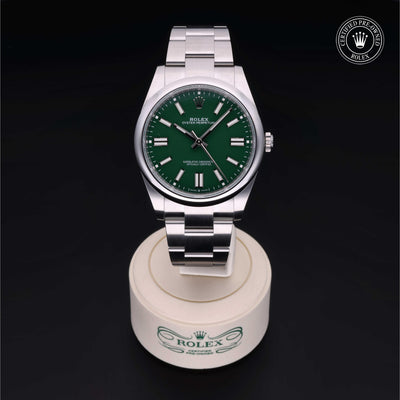 Rolex Certified Pre-owned Oyster Perpetual M124300-0005 front on black background
