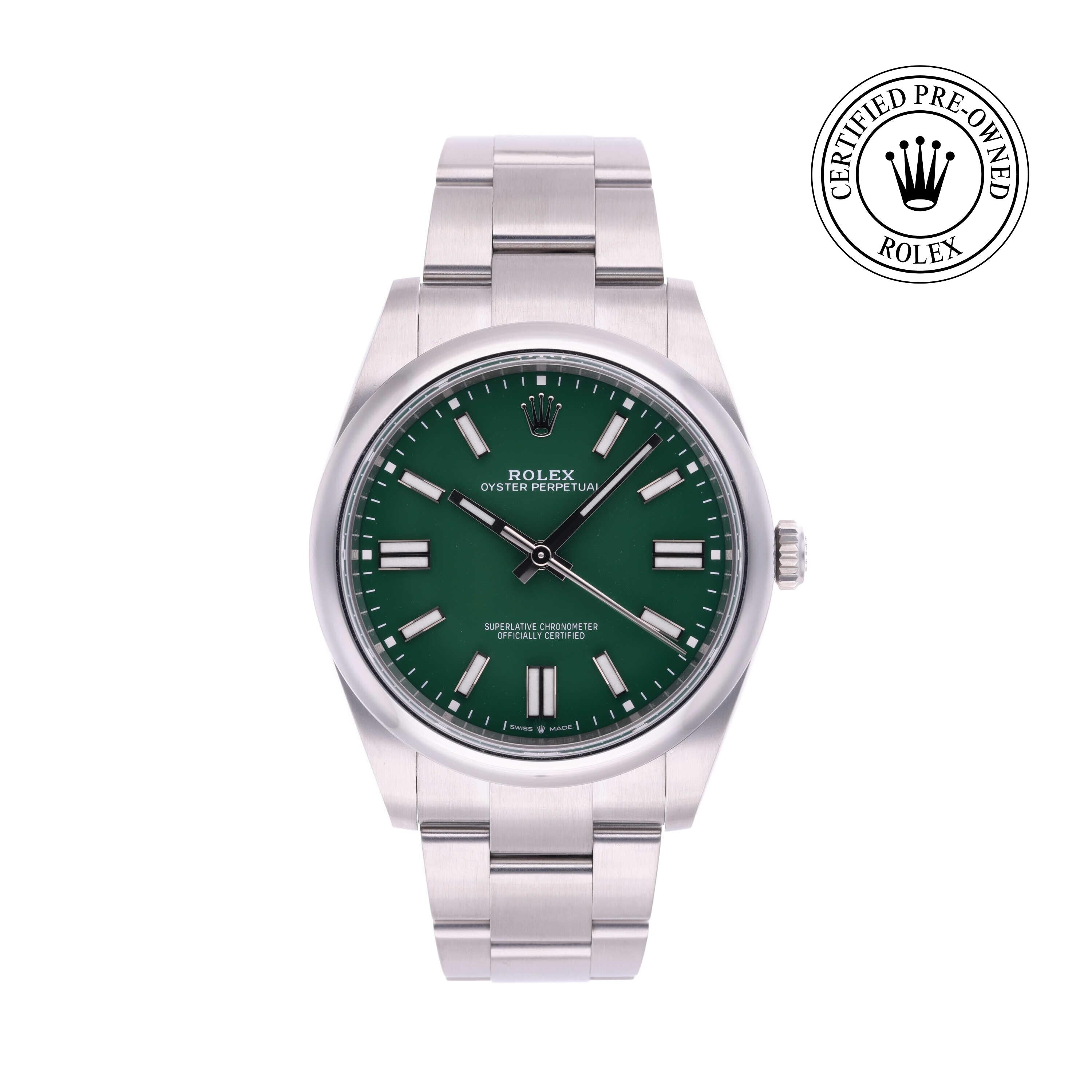 Rolex Certified Pre-owned Oyster Perpetual M124300-0005 front on white background