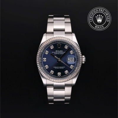 Rolex Certified Pre-owned Datejust M126234-0038 front on black background