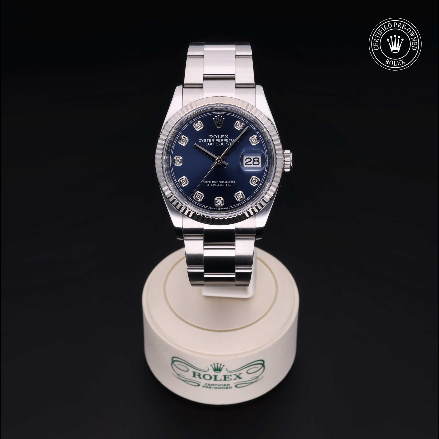 Rolex Certified Pre-owned Datejust M126234-0038 front on black background