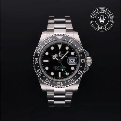 Rolex Certified Pre-owned GMT M116710LN-0001 front on black background