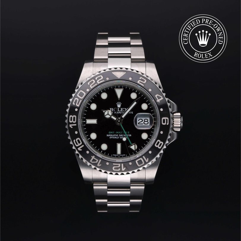 Rolex Certified Pre-owned GMT M116710LN-0001 front on black background