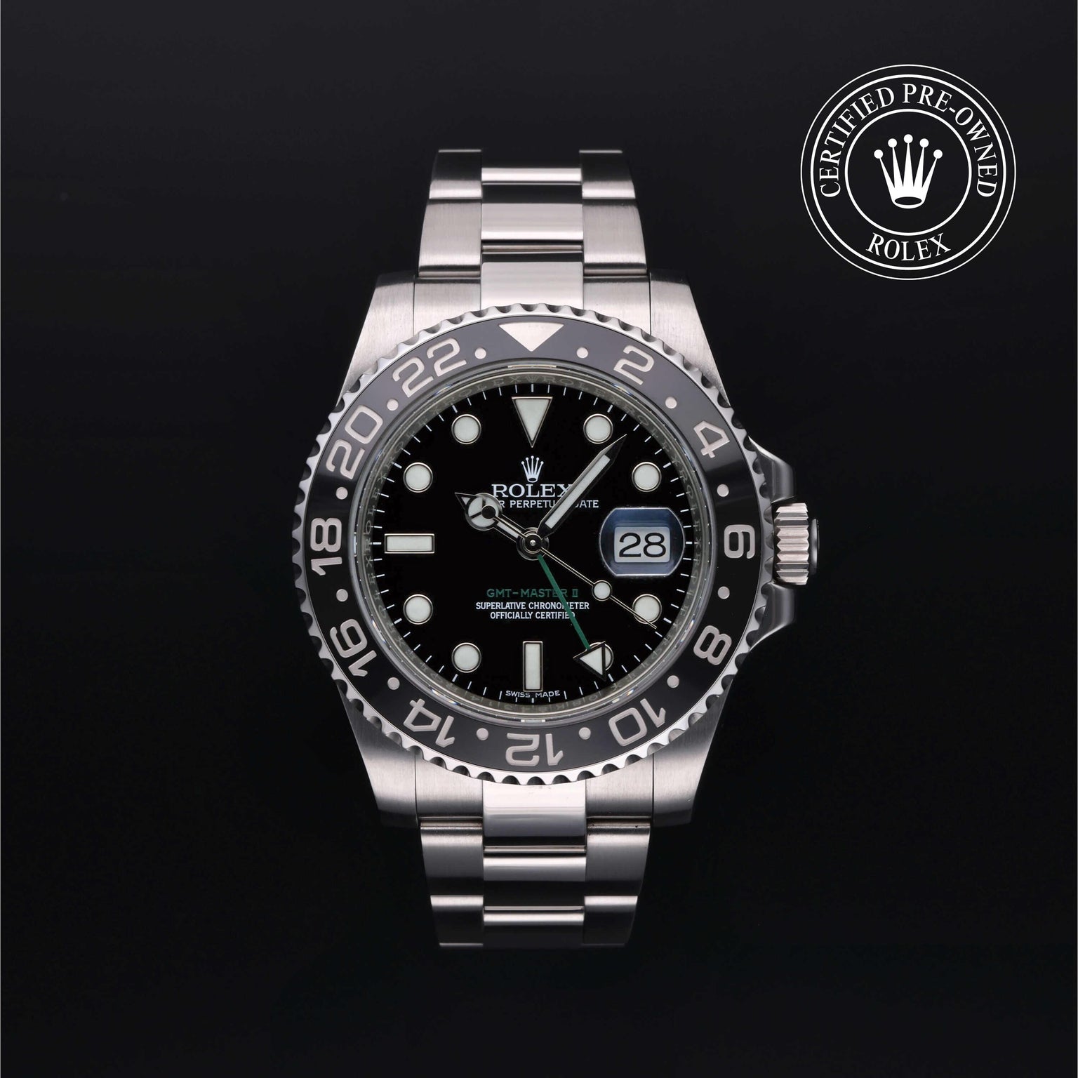 Rolex Certified Pre-owned GMT M116710LN-0001 front on black background