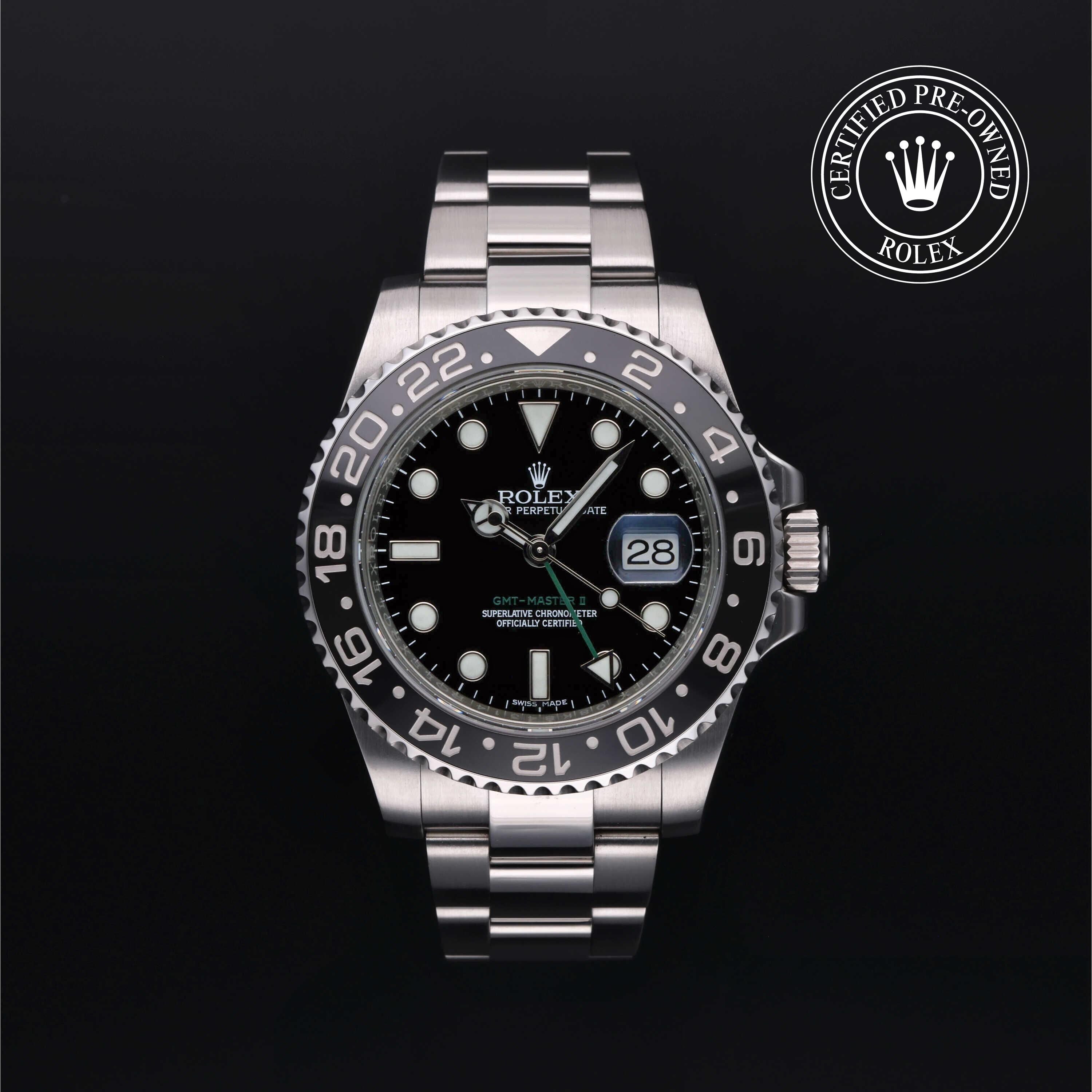 Rolex Certified Pre-owned GMT M116710LN-0001 front on black background