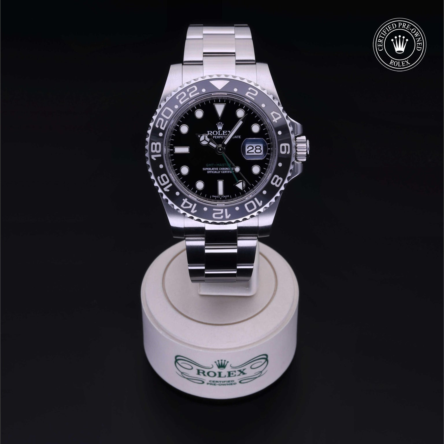 Rolex Certified Pre-owned GMT M116710LN-0001 front on black background