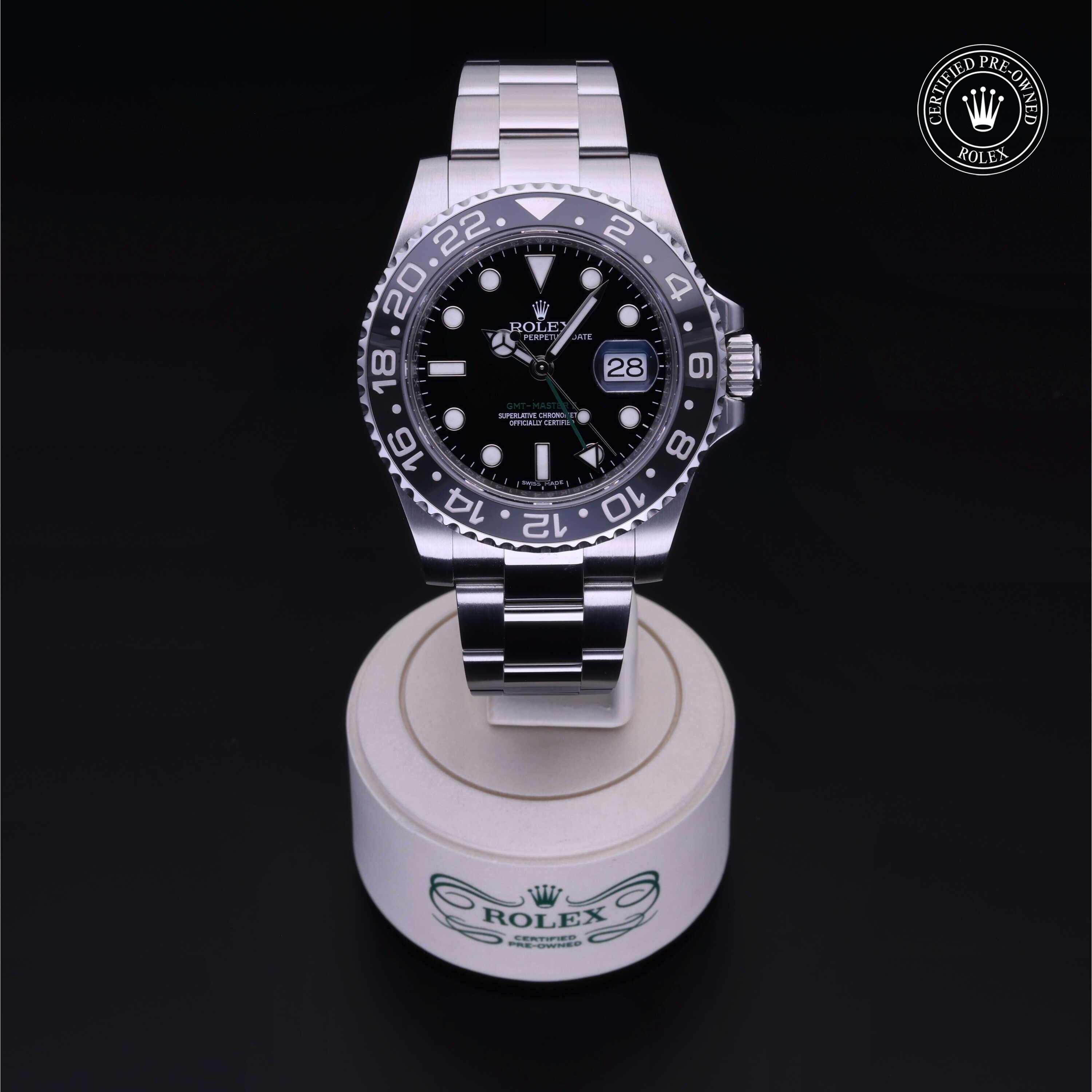 Rolex Certified Pre-owned GMT M116710LN-0001 front on black background