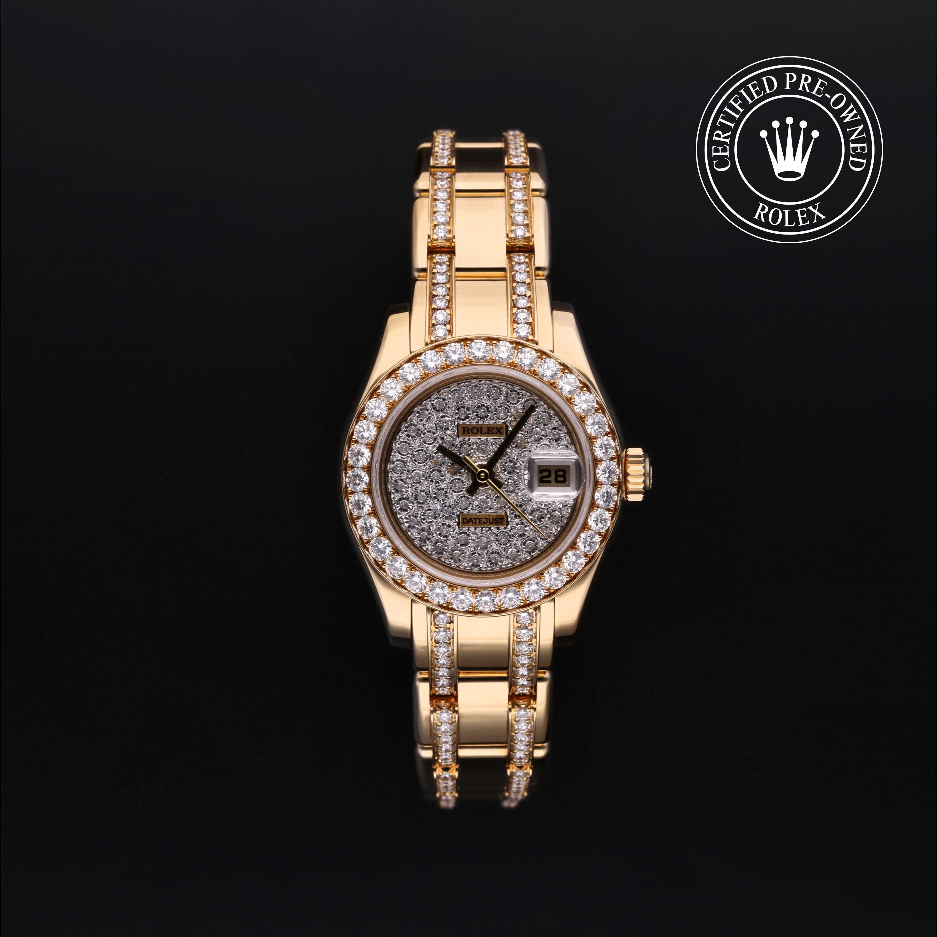 Rolex Certified Pre-owned Pearlmaster M80298-0147 front on black background