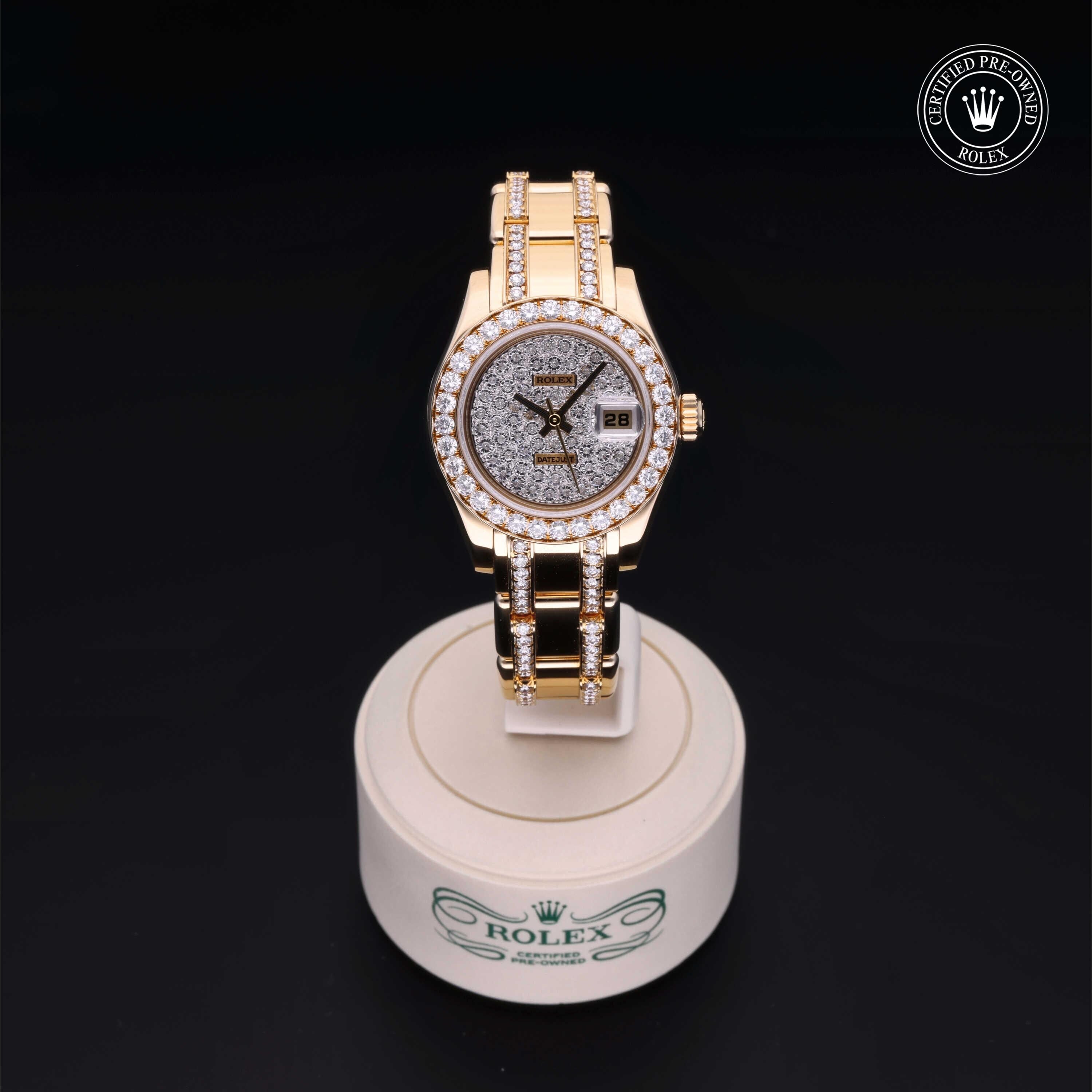 Rolex Certified Pre-owned Pearlmaster M80298-0147 front on black background
