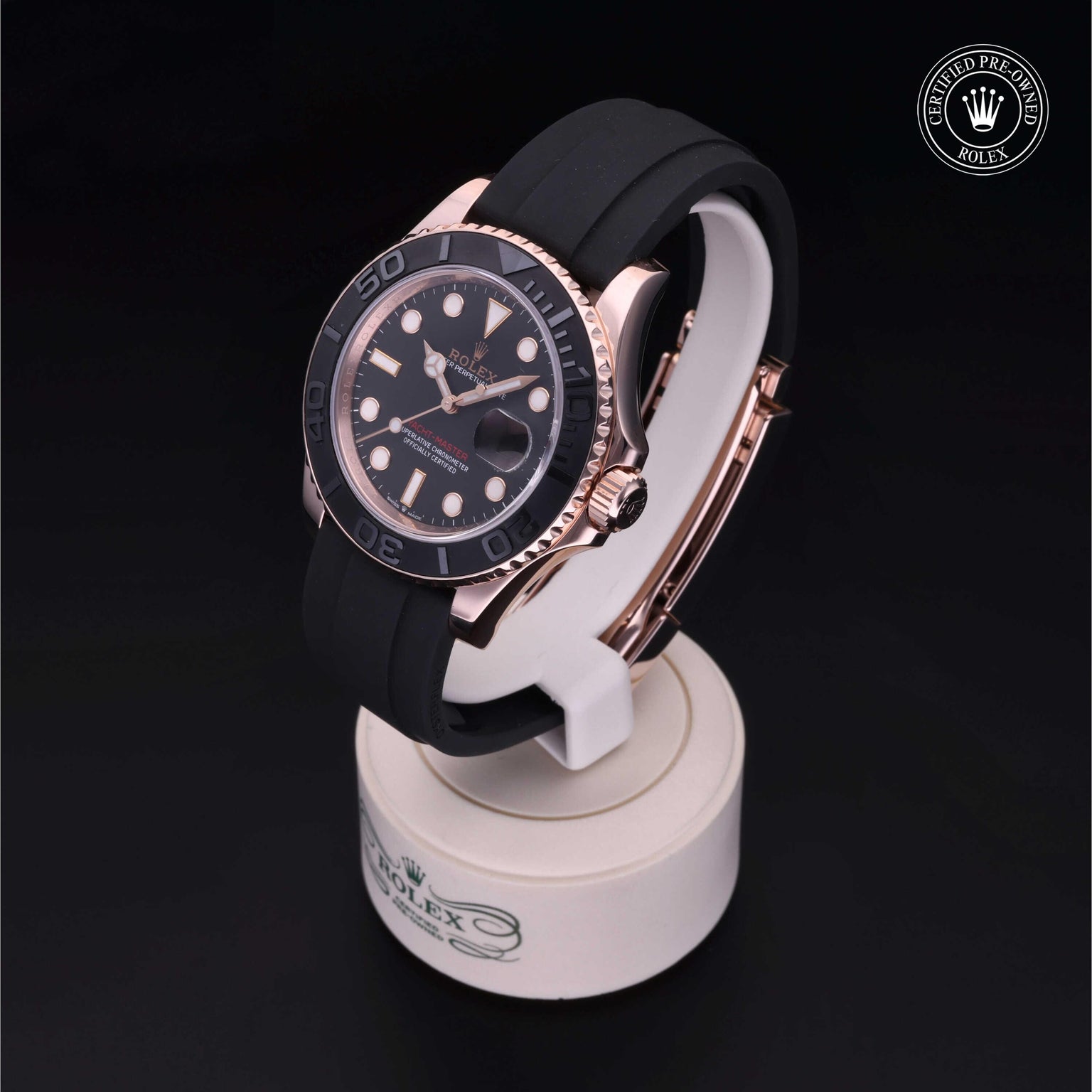 Rolex Certified Pre-owned Yacht-Master M126655-0002 front on black background