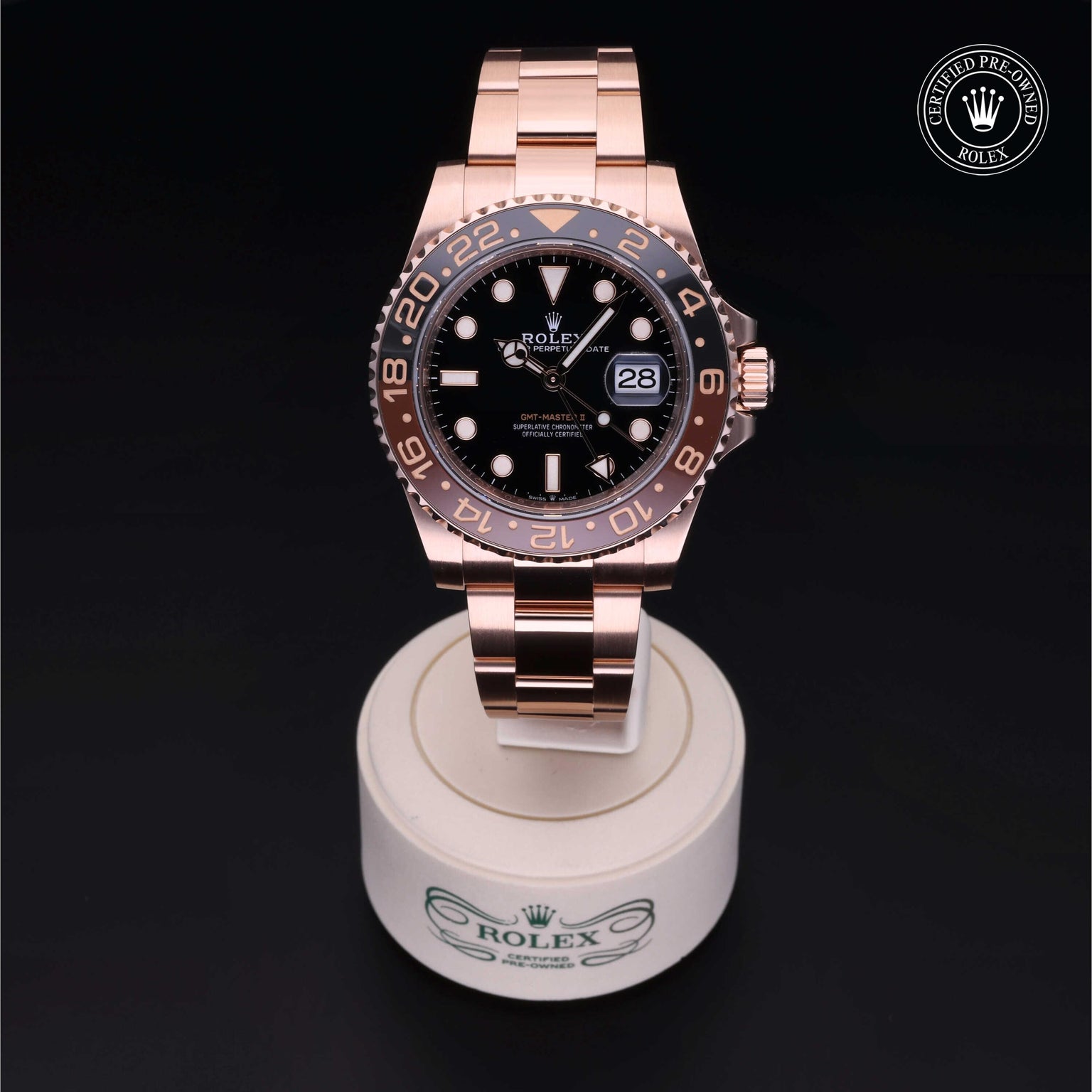 Rolex Certified Pre-owned GMT M126715CHNR-0001 front on black background
