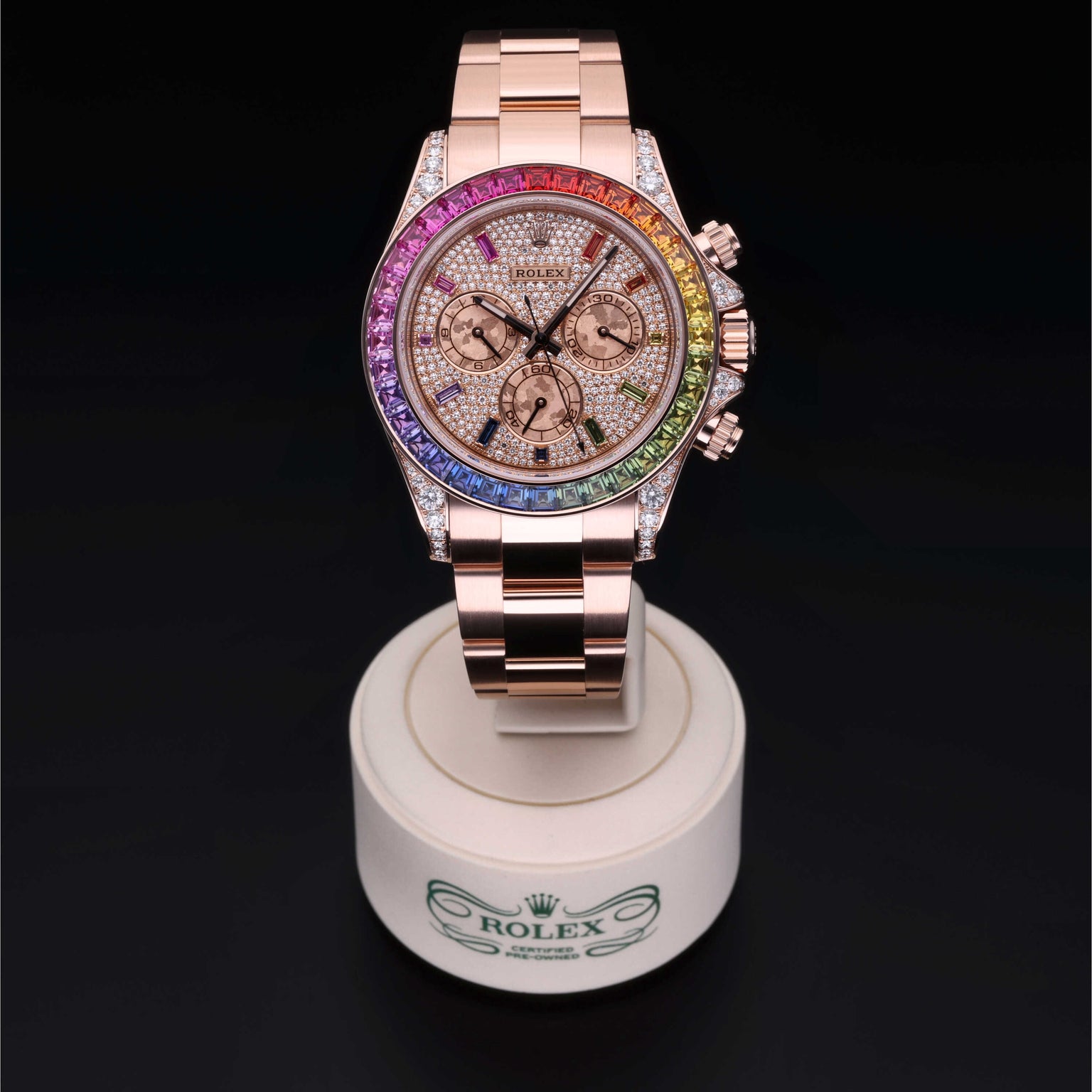 Rolex Certified Pre-owned Daytona M116595RBOW-0004 front on black background
