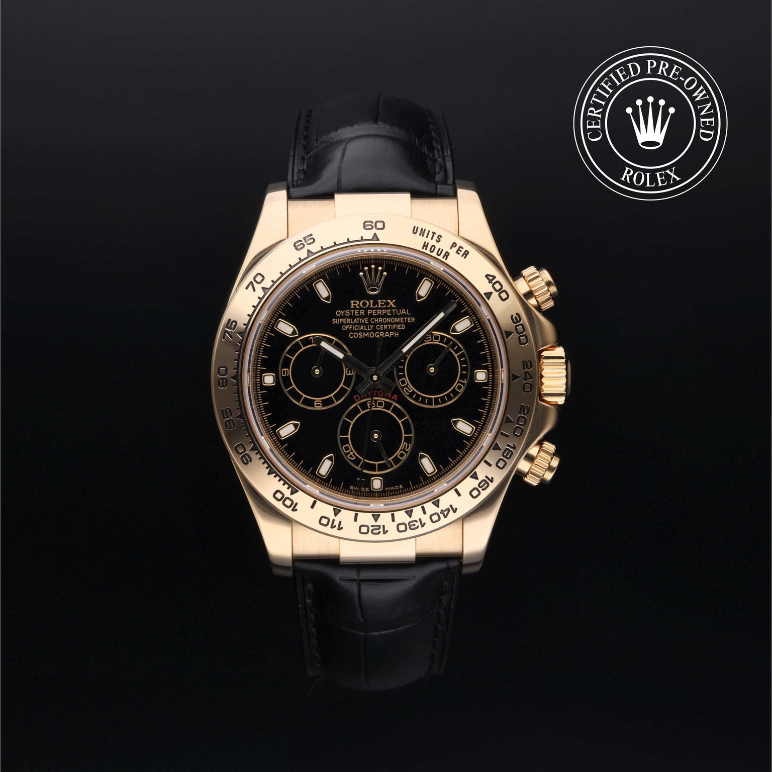 Rolex Certified Pre-owned Daytona M116518-0036 front on black background