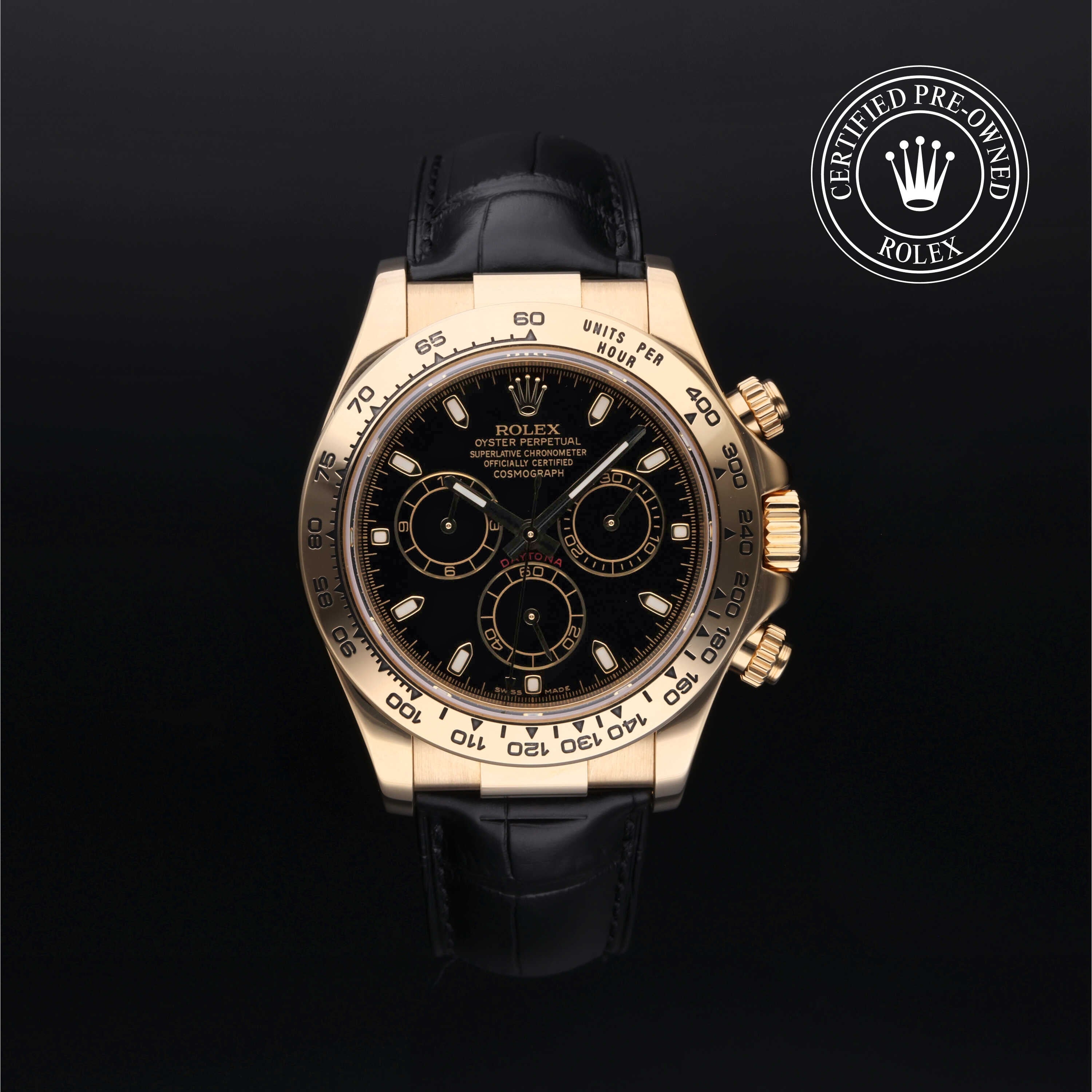 Rolex Certified Pre-owned Daytona M116518-0036 front on black background