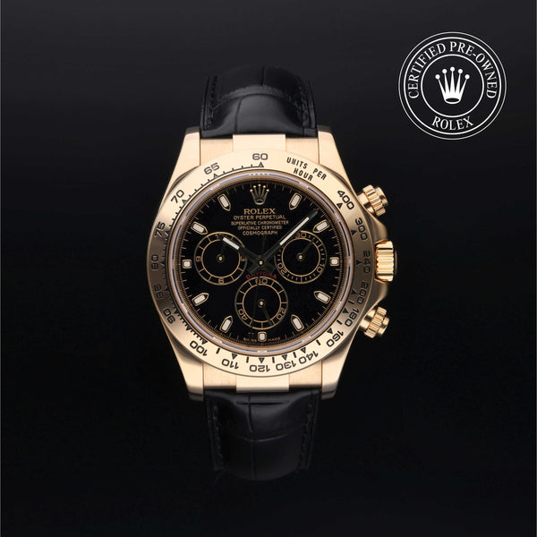 Rolex Certified Pre-owned Daytona M116518-0036 front on black background