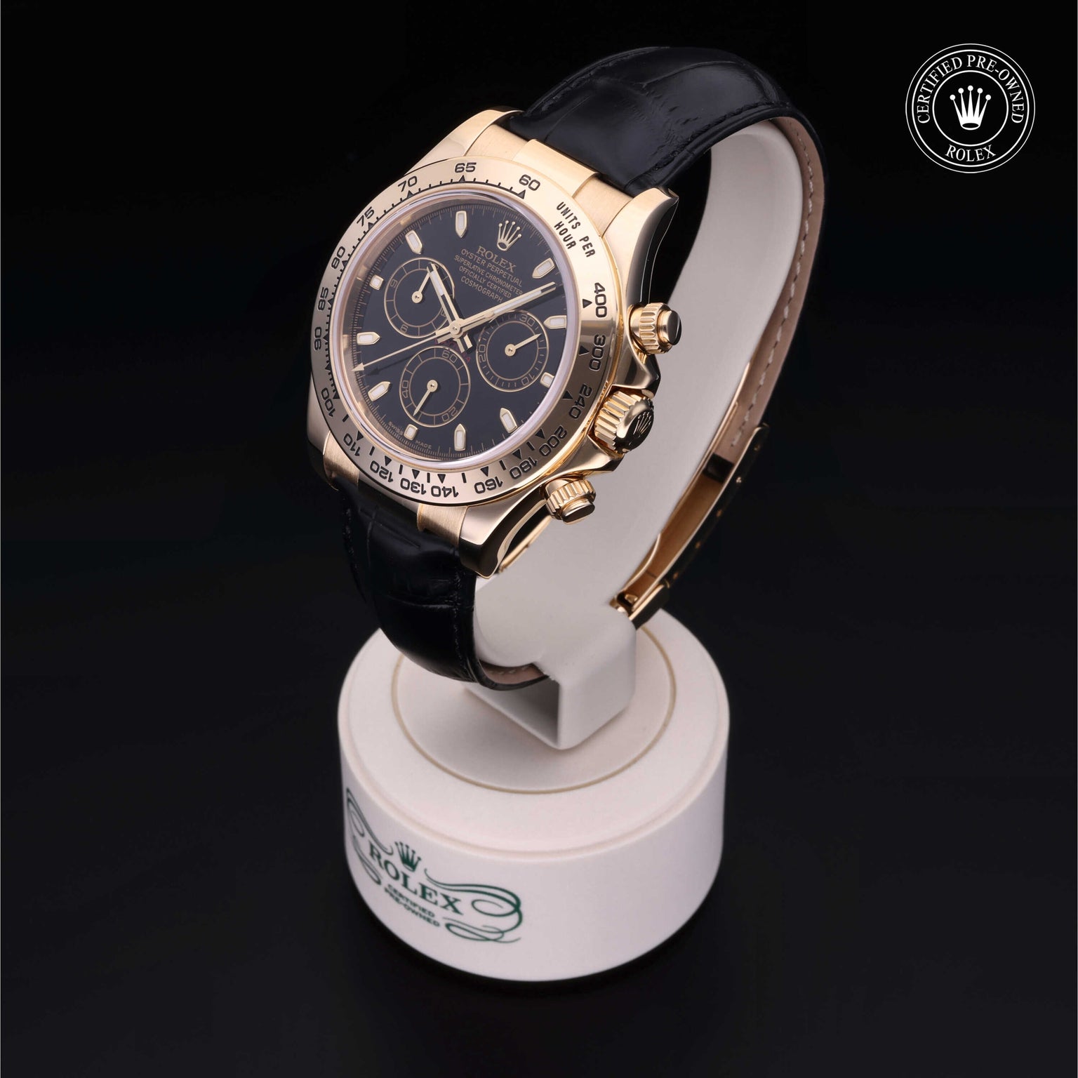 Rolex Certified Pre-owned Daytona M116518-0036 front on black background