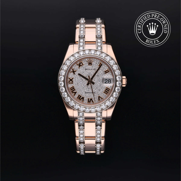 Rolex Certified Pre-owned Pearlmaster M81285-0013 front on black background