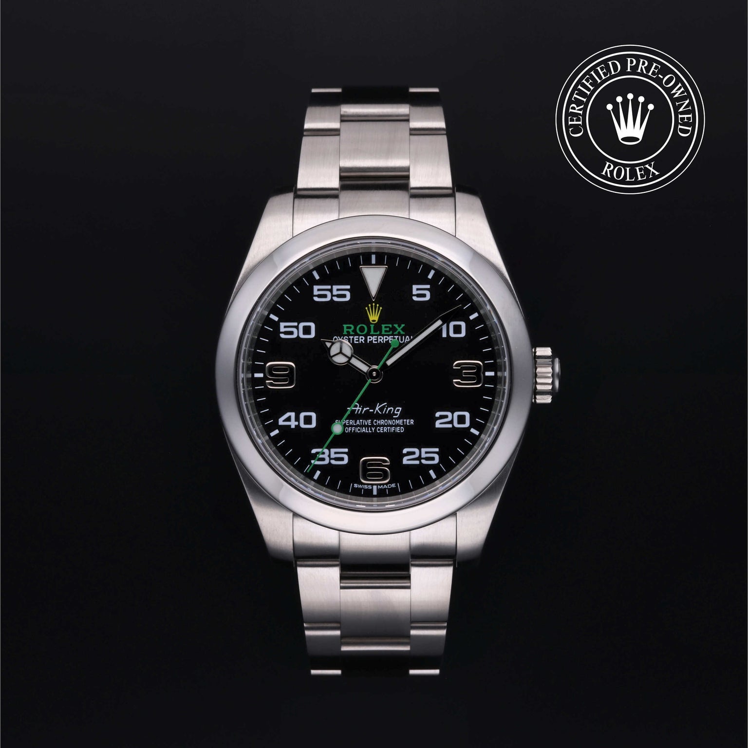 Rolex Certified Pre-owned Air-King M116900-0001 front on black background