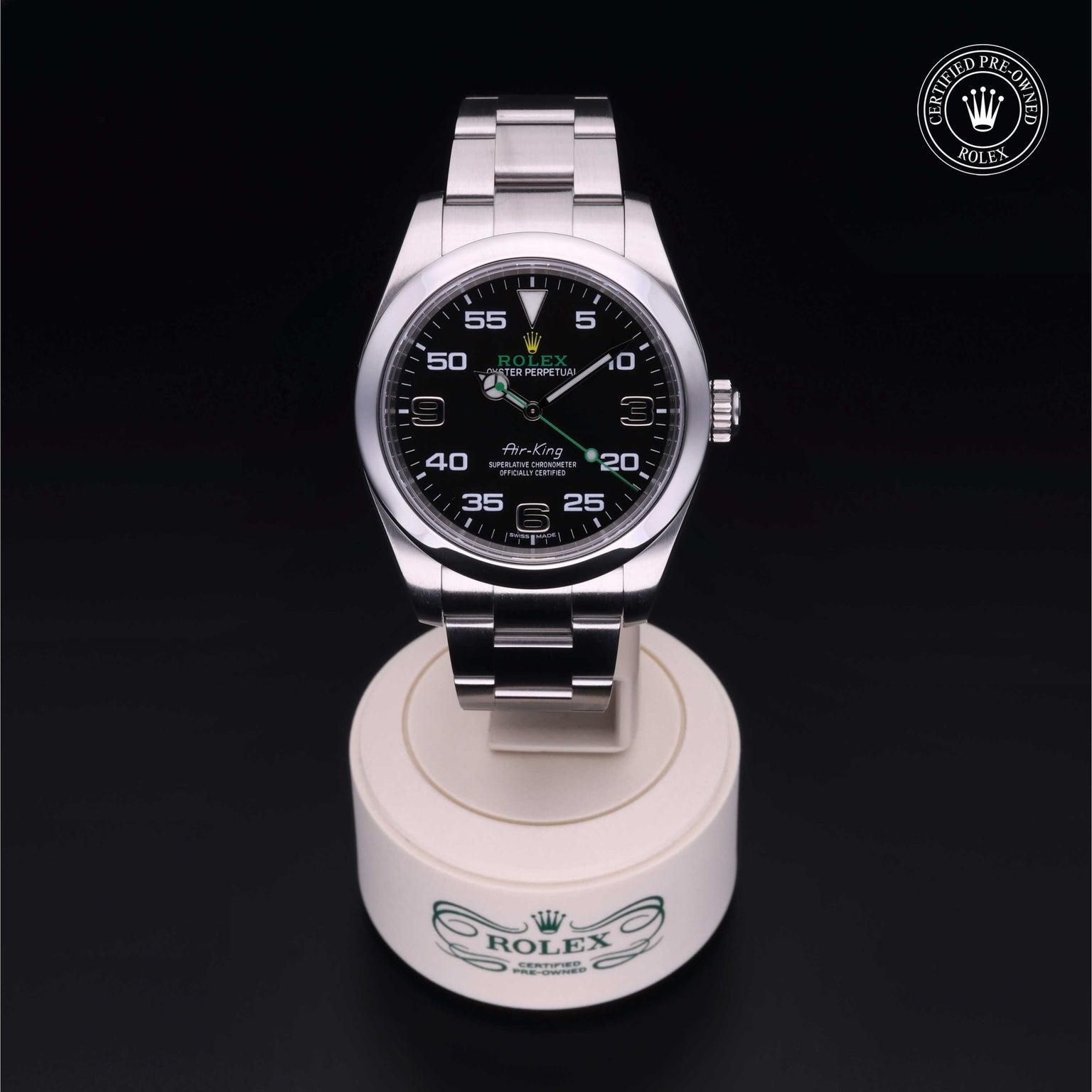 Rolex Certified Pre-owned Air-King M116900-0001 front on black background