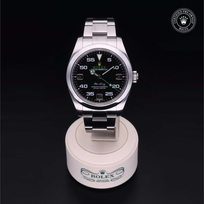 Rolex Certified Pre-owned Air-King M116900-0001 front on black background