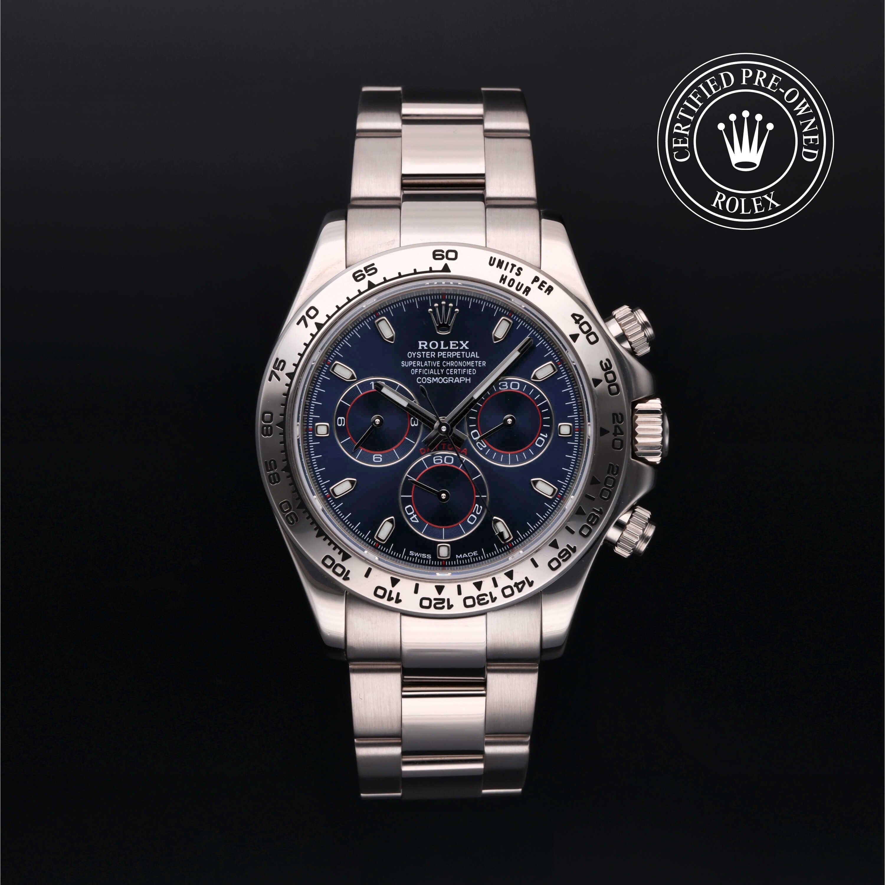 Rolex Certified Pre-owned Daytona M116509-0036 front on black background