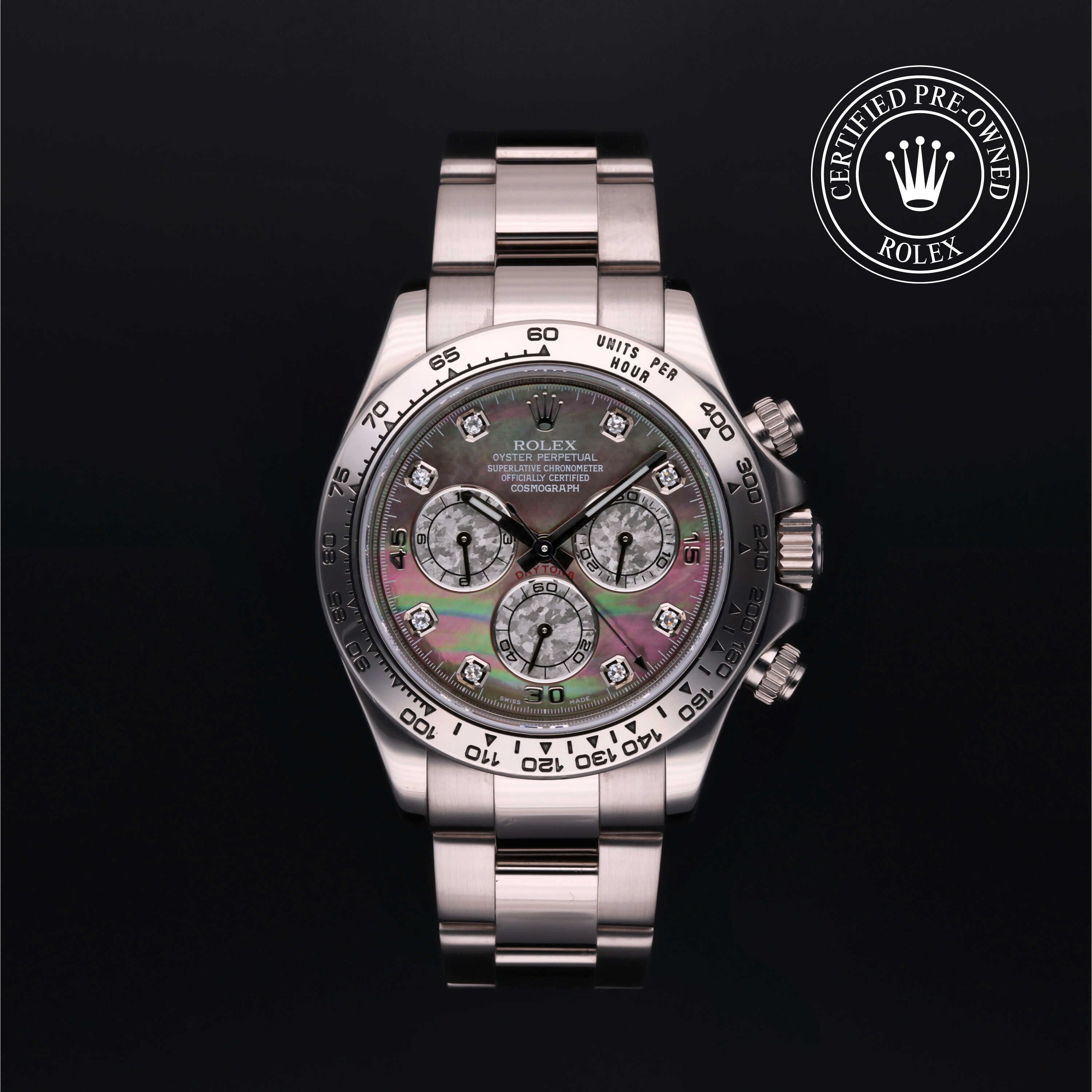 Rolex Certified Pre-owned Daytona M116509-0044 front on black background