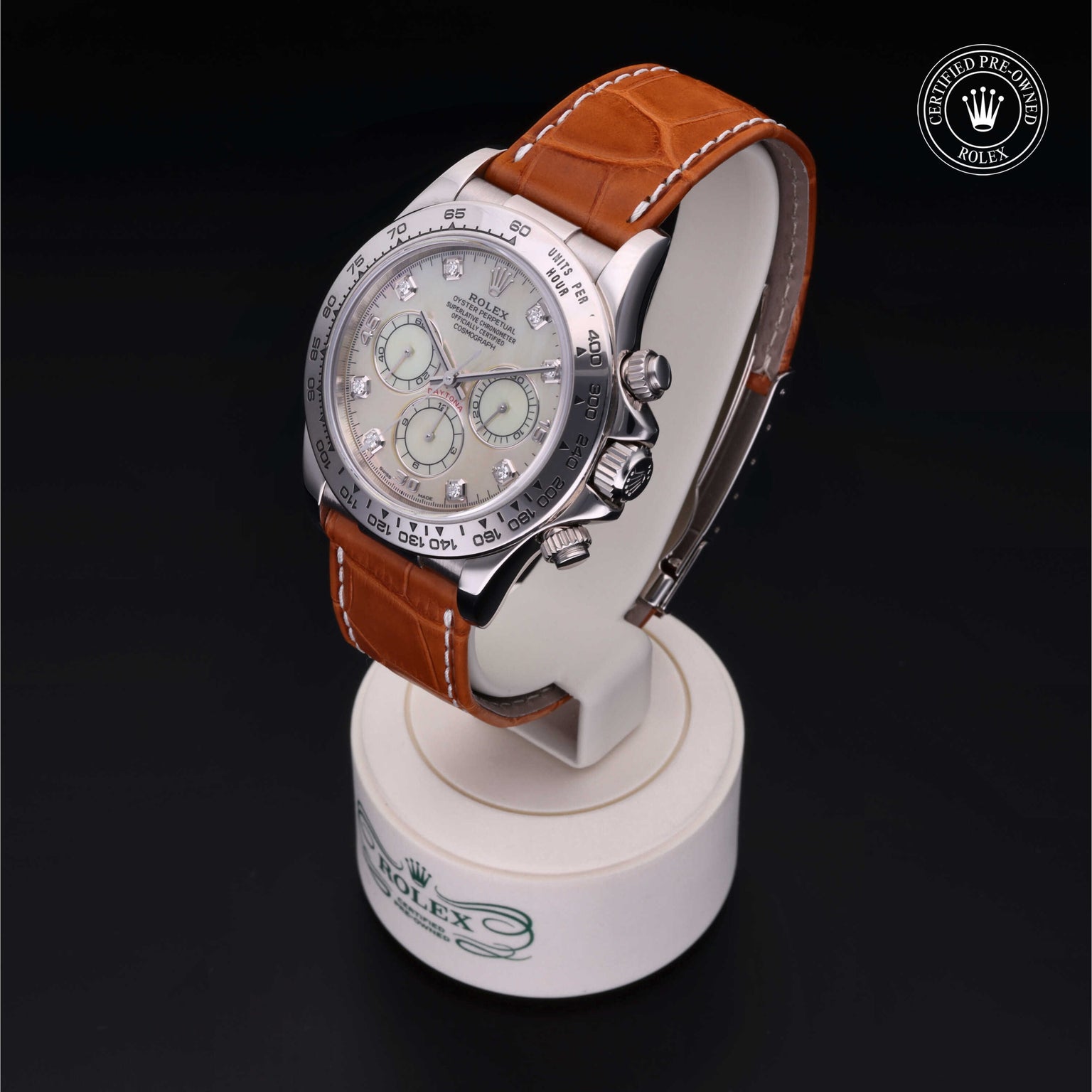 Rolex Certified Pre-owned Daytona M16519-0006 front on black background