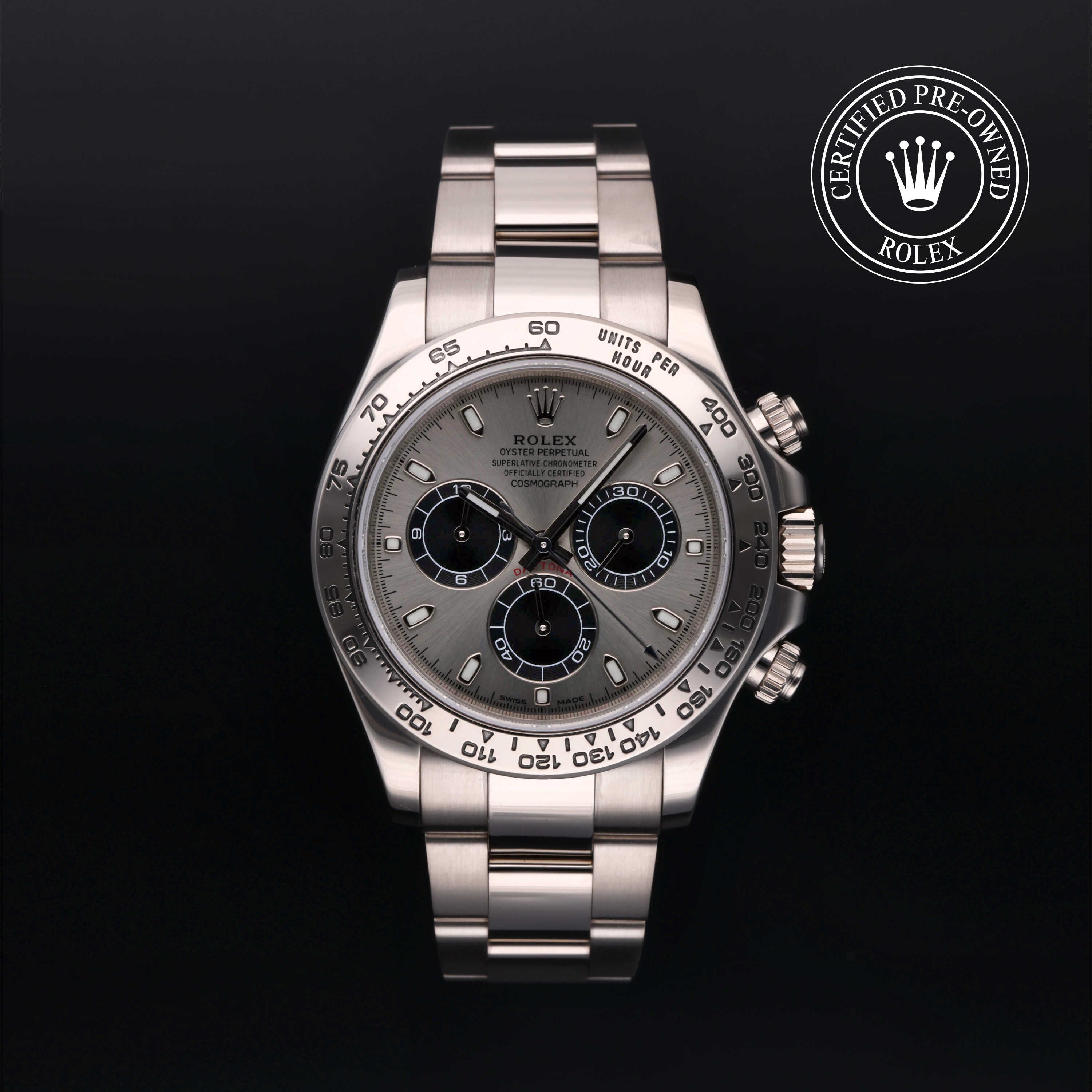 Rolex Certified Pre-owned Daytona M116509-0071 front on black background