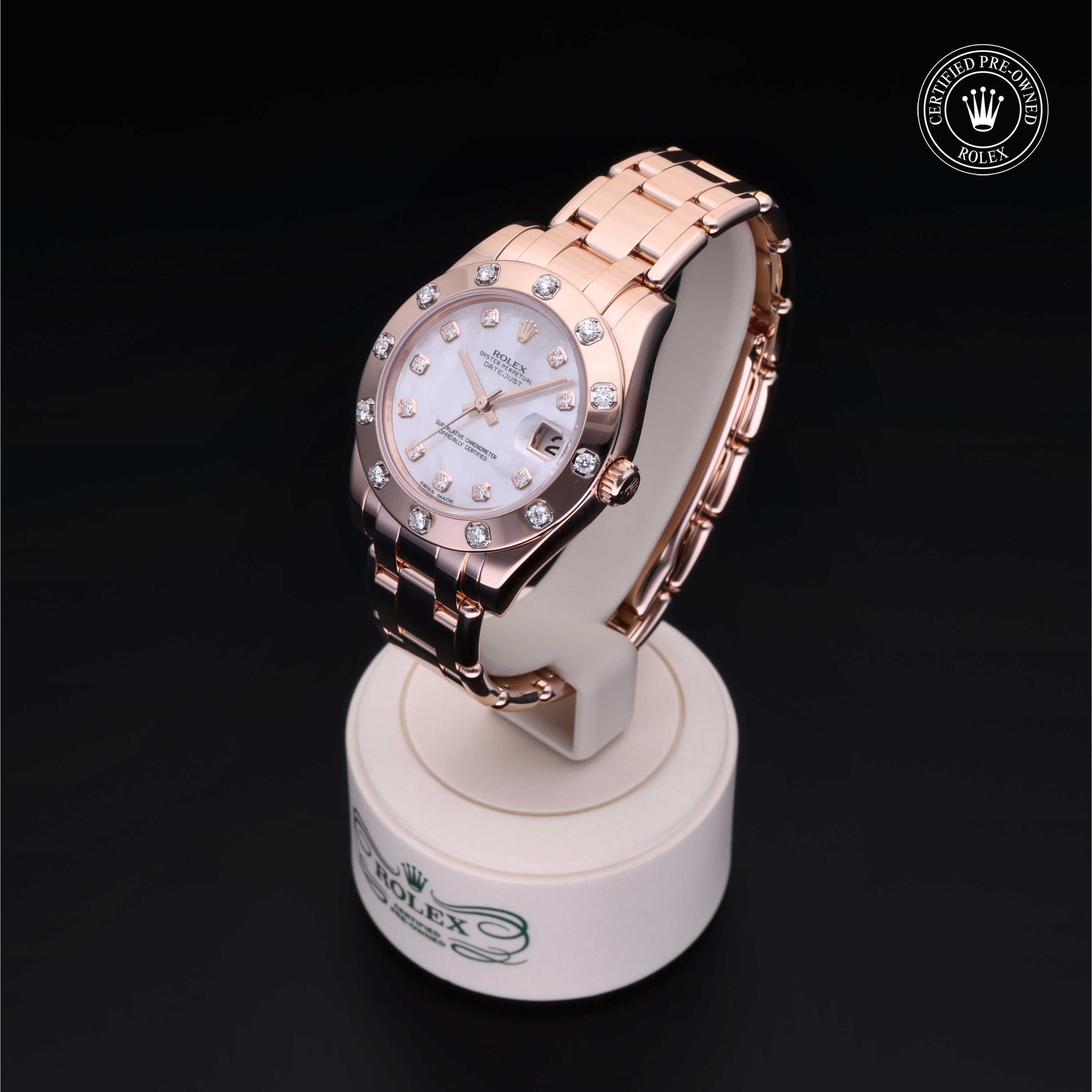 Rolex Certified Pre-owned Lady Datejust Pearlmaster M81315-0014 front on black background