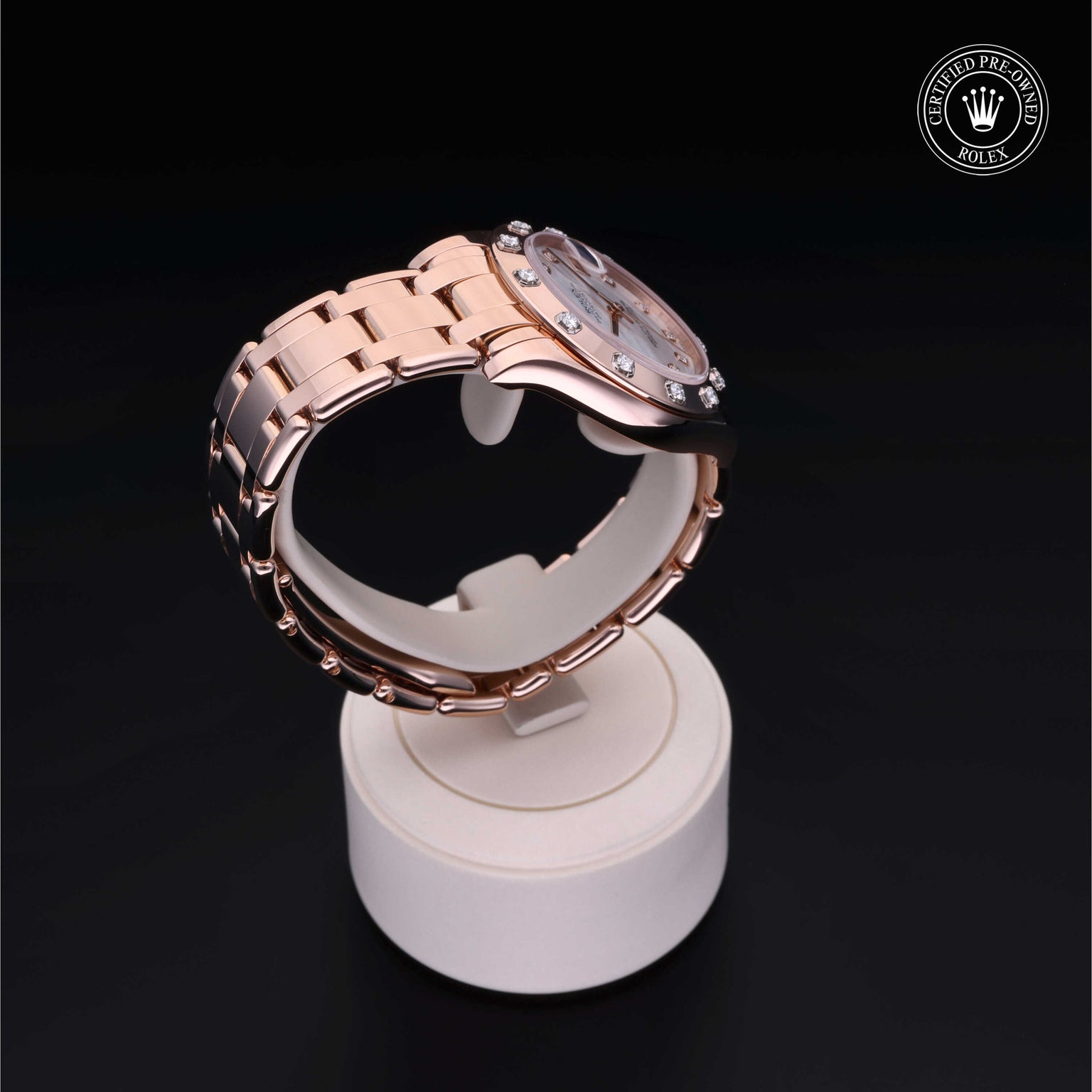 Rolex Certified Pre-owned Lady Datejust Pearlmaster M81315-0014 front on black background