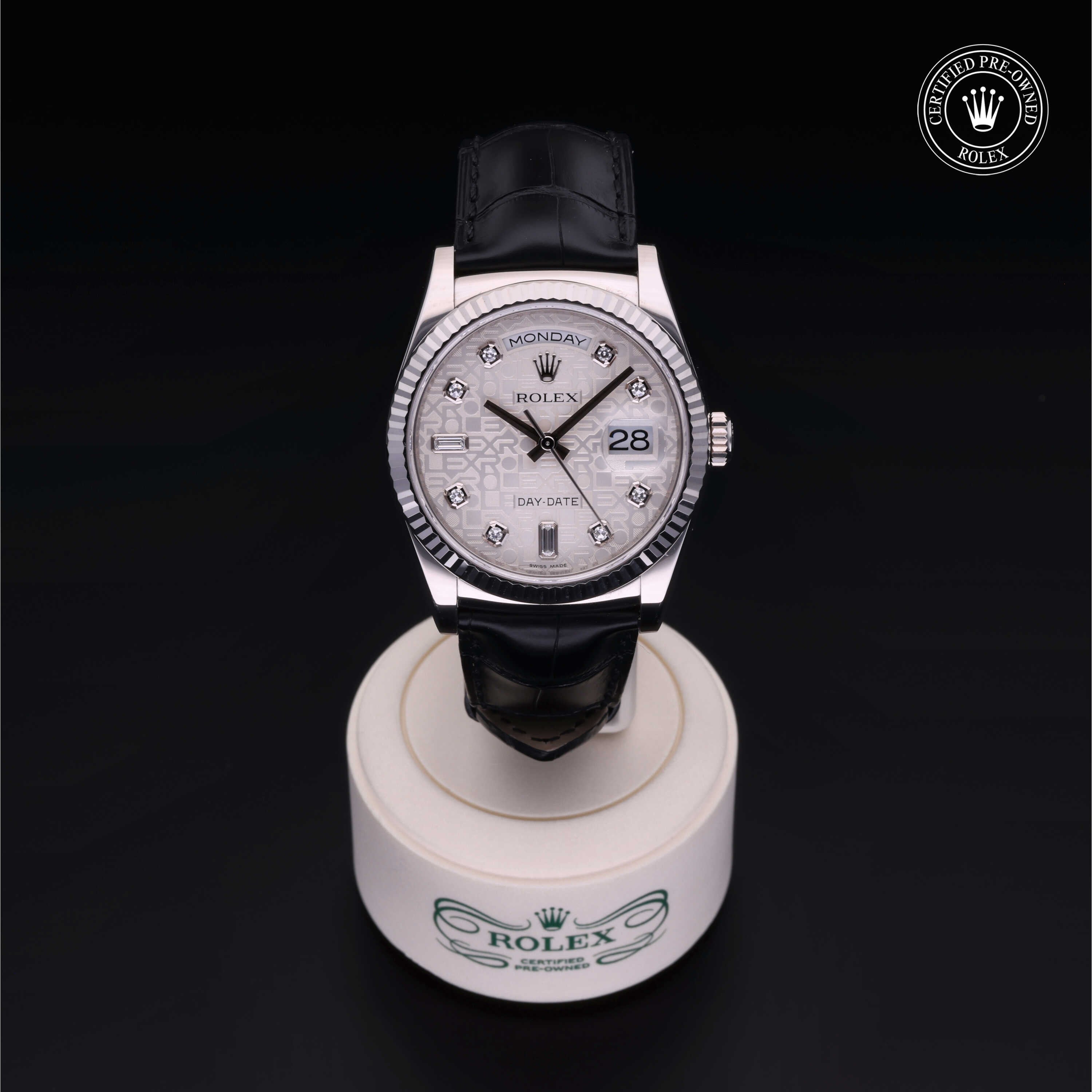 Rolex Certified Pre-owned Day-date M118139-0068 front on black background