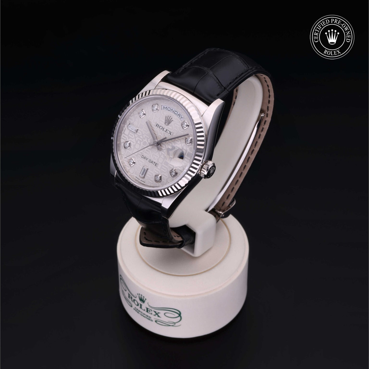 Rolex Certified Pre-owned Day-date M118139-0068 front on black background