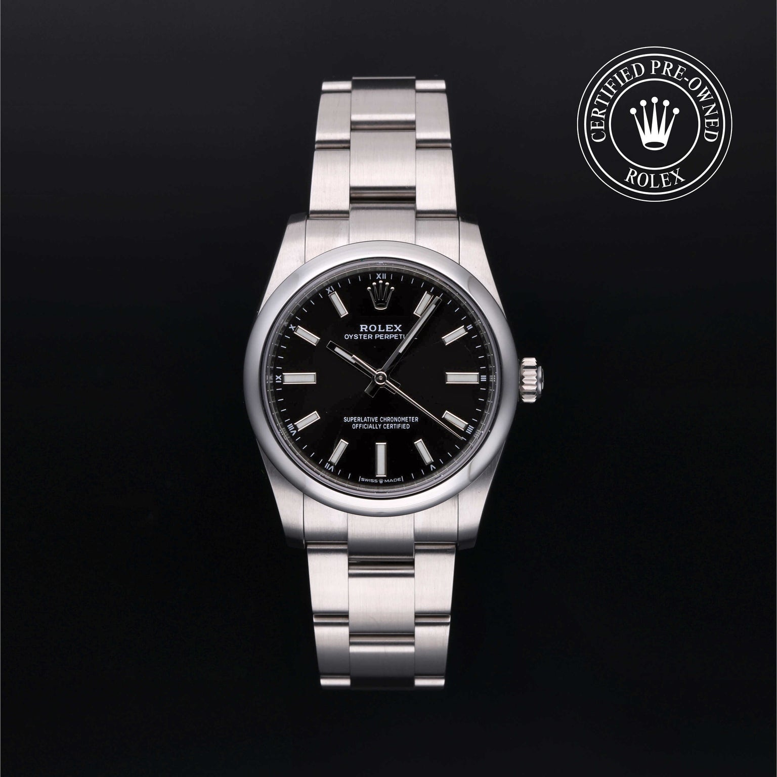 Rolex Certified Pre-owned Oyster Perpetual M124200-0002 front on black background