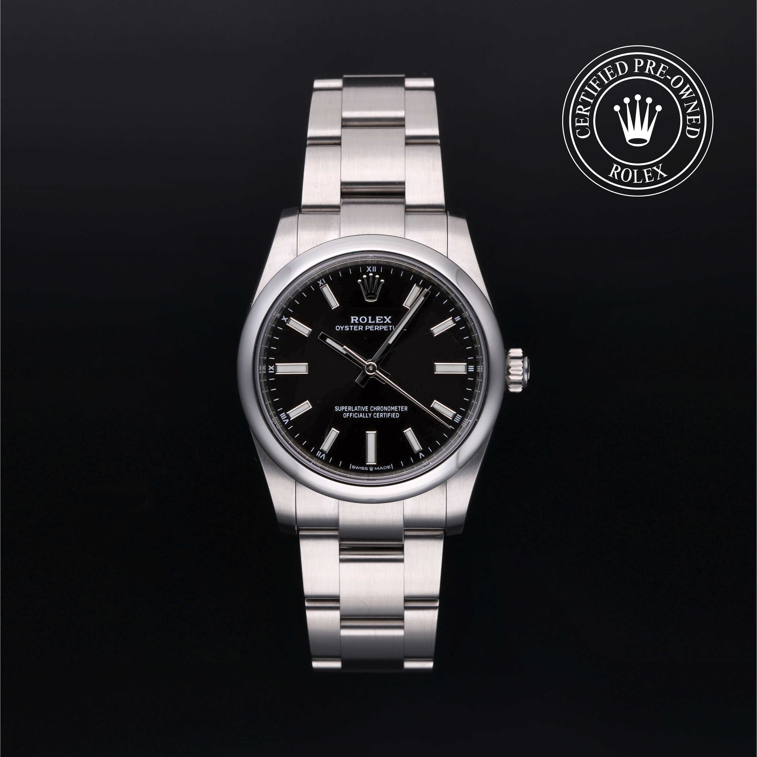 Rolex Certified Pre-owned Oyster Perpetual M124200-0002 front on black background