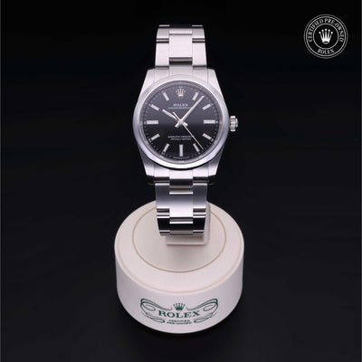 Rolex Certified Pre-owned Oyster Perpetual M124200-0002 front on black background