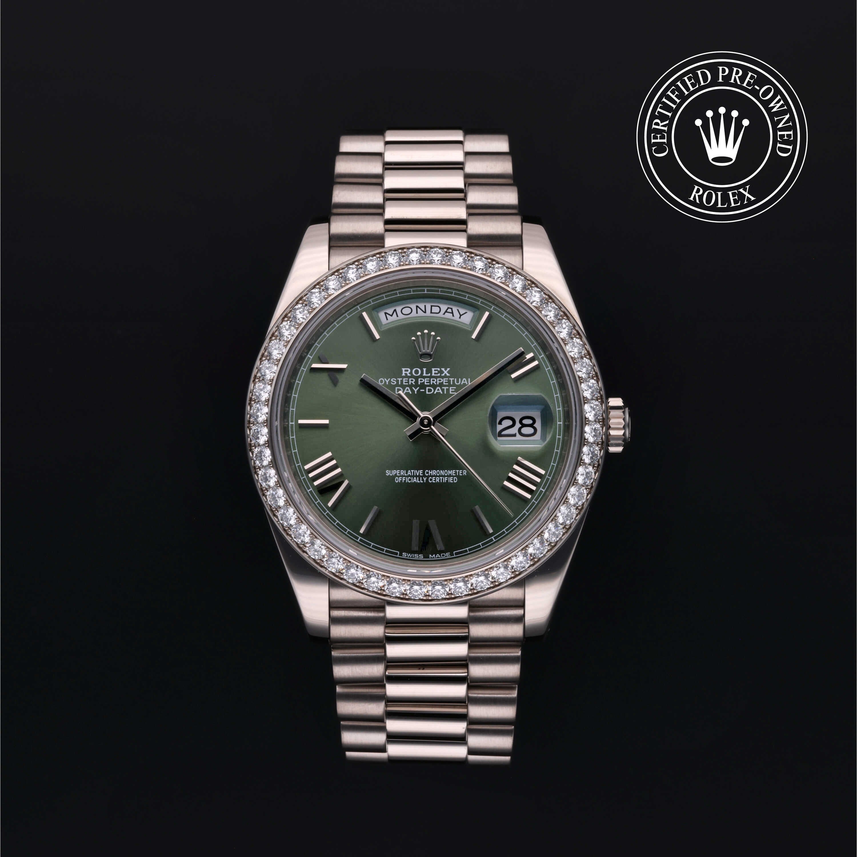 Rolex Certified Pre-owned Day-date M228349RBR-0030 front on black background