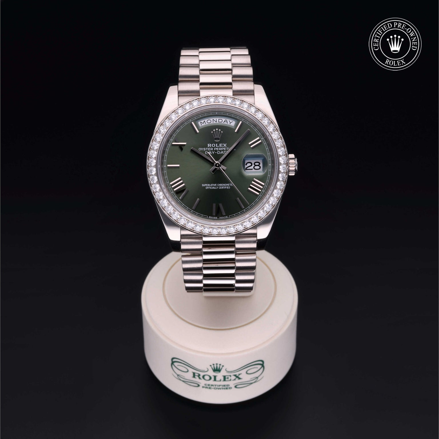 Rolex Certified Pre-owned Day-date M228349RBR-0030 front on black background
