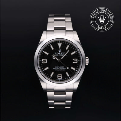 Rolex Certified Pre-owned Explorer M214270-0003 front on black background