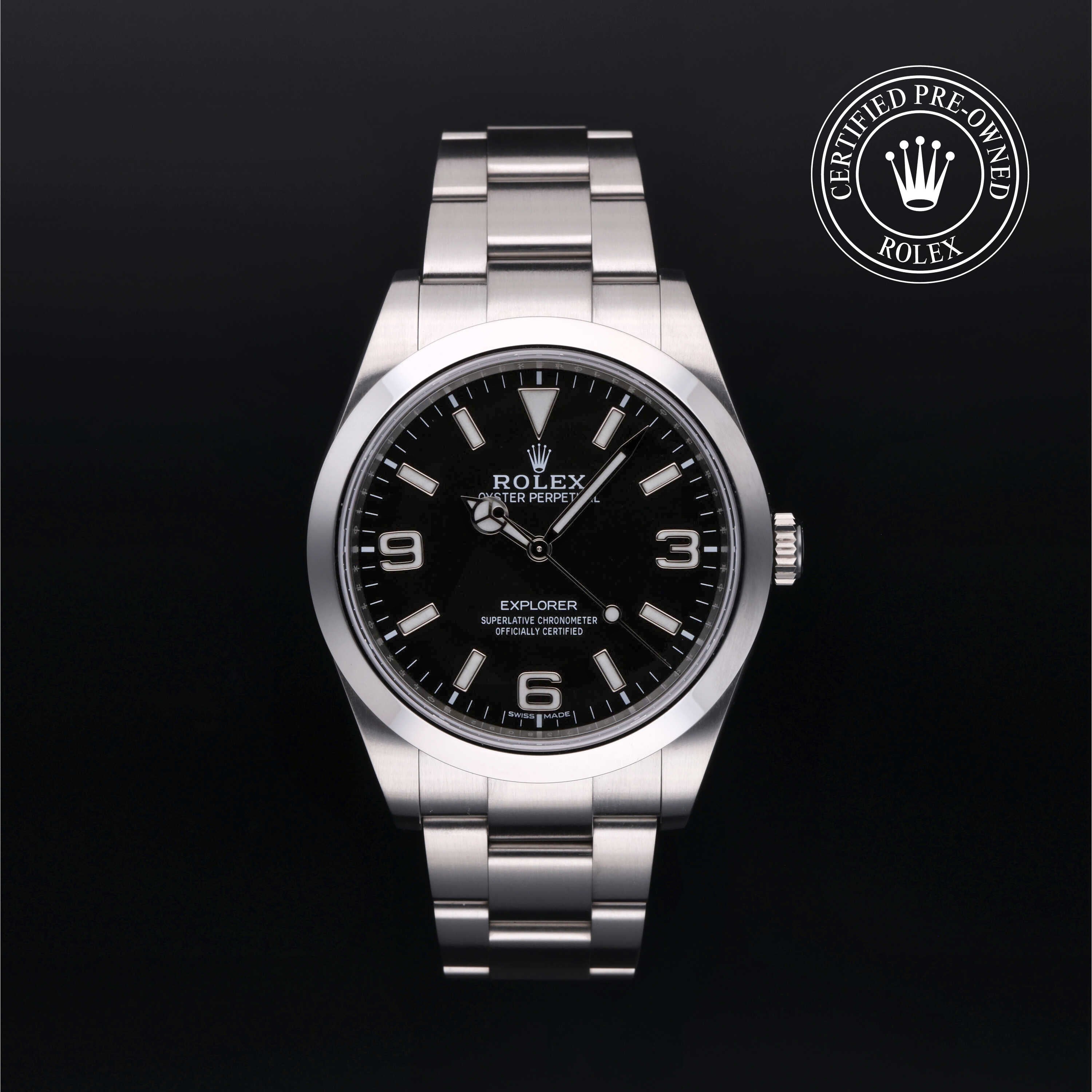 Rolex Certified Pre-owned Explorer M214270-0003 front on black background