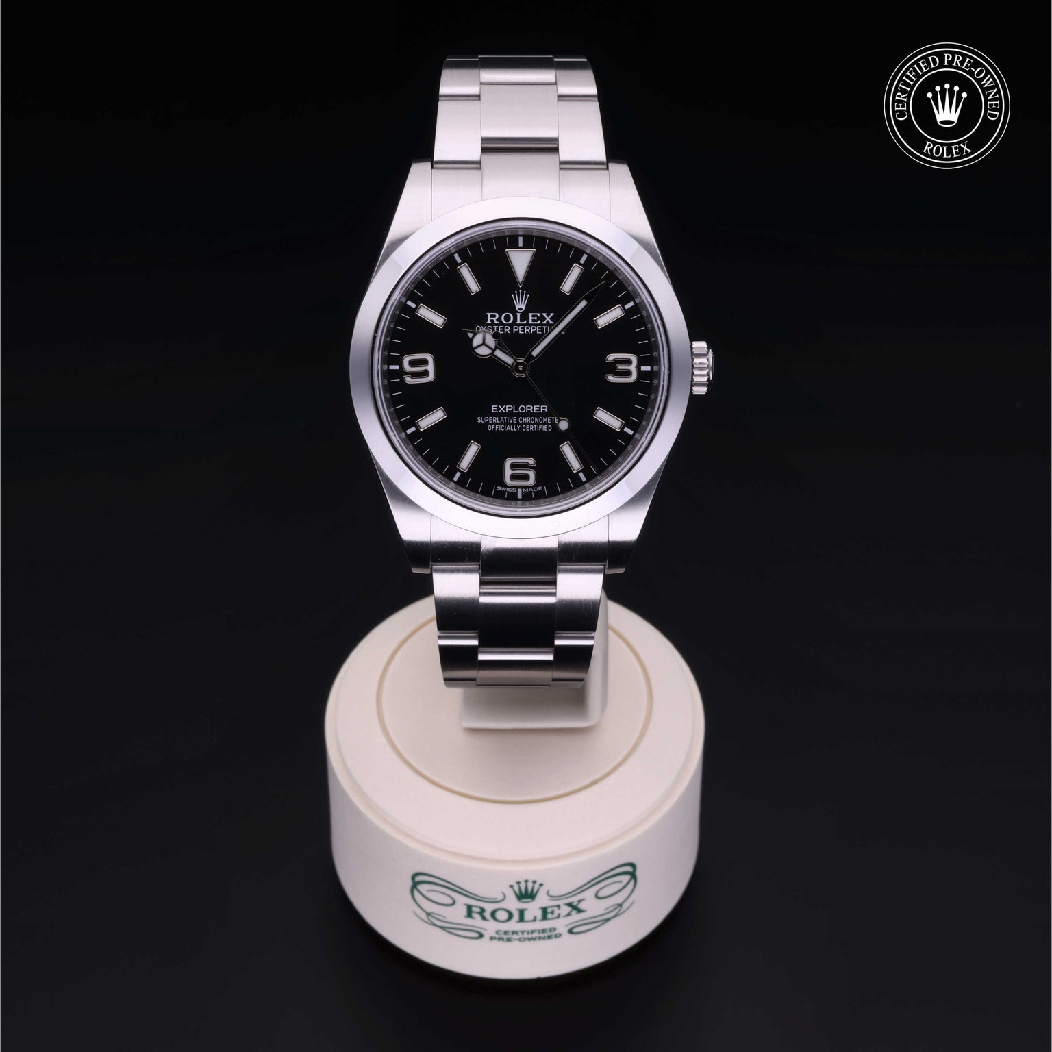 Rolex Certified Pre-owned Explorer M214270-0003 front on black background