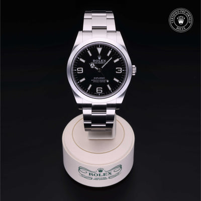 Rolex Certified Pre-owned Explorer M214270-0003 front on black background