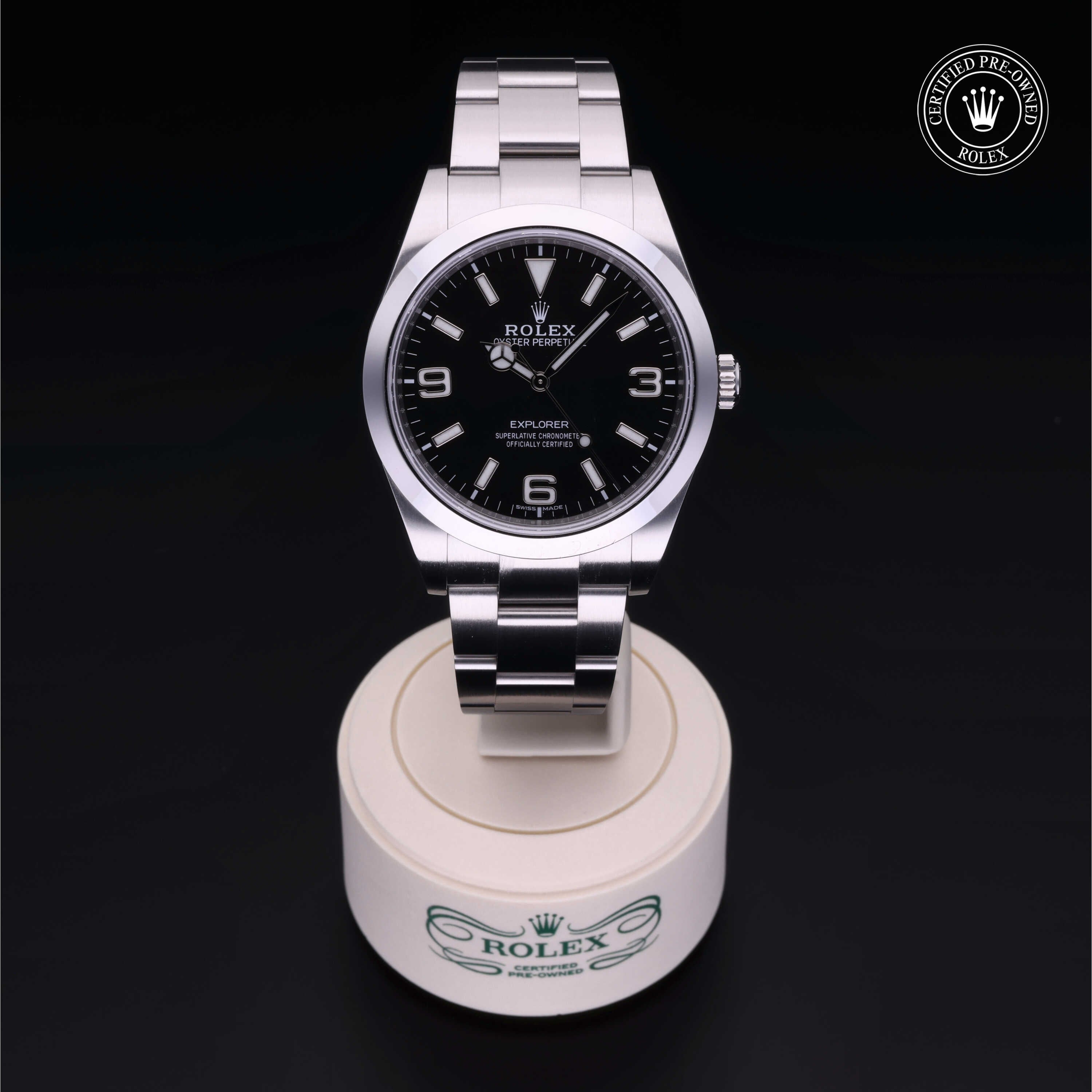 Rolex Certified Pre-owned Explorer M214270-0003 front on black background