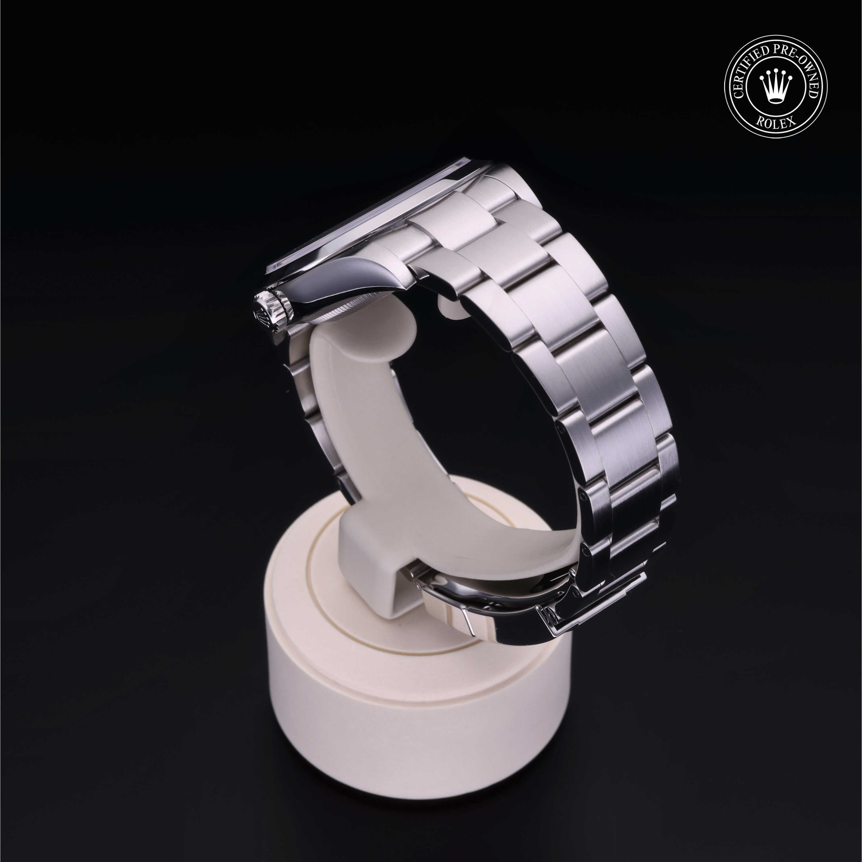 Rolex Certified Pre-owned Explorer M214270-0003 front on black background