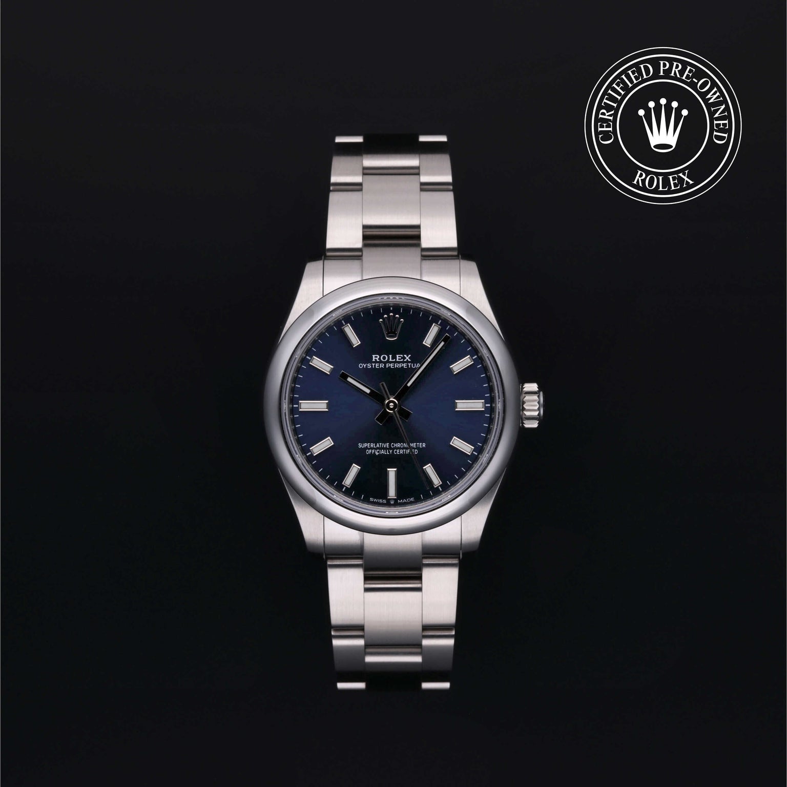 Rolex Certified Pre-owned Oyster Perpetual M277200-0003 front on black background