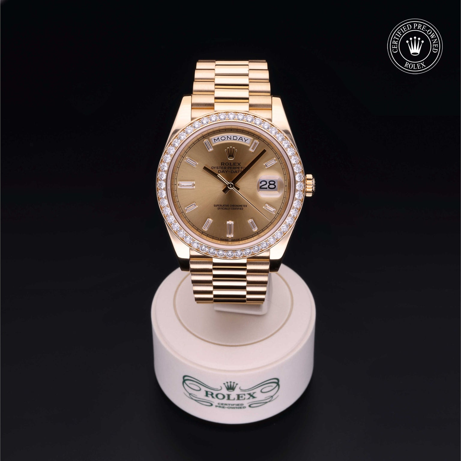 Rolex Certified Pre-owned Day-date M228348RBR-0002 front on black background